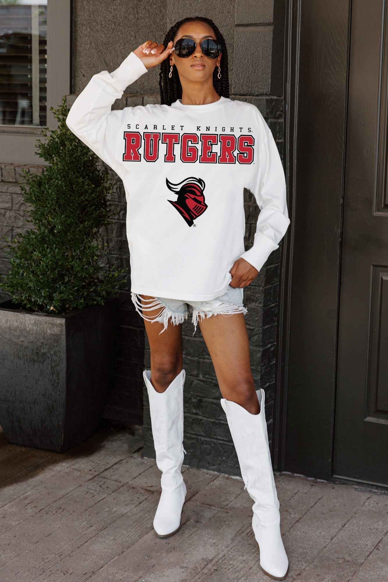 RUTGERS SCARLET KNIGHTS BIG GOALS OVERSIZED LONG SLEEVE TEE WITH RIBBED NECKLINE AND CUFFS