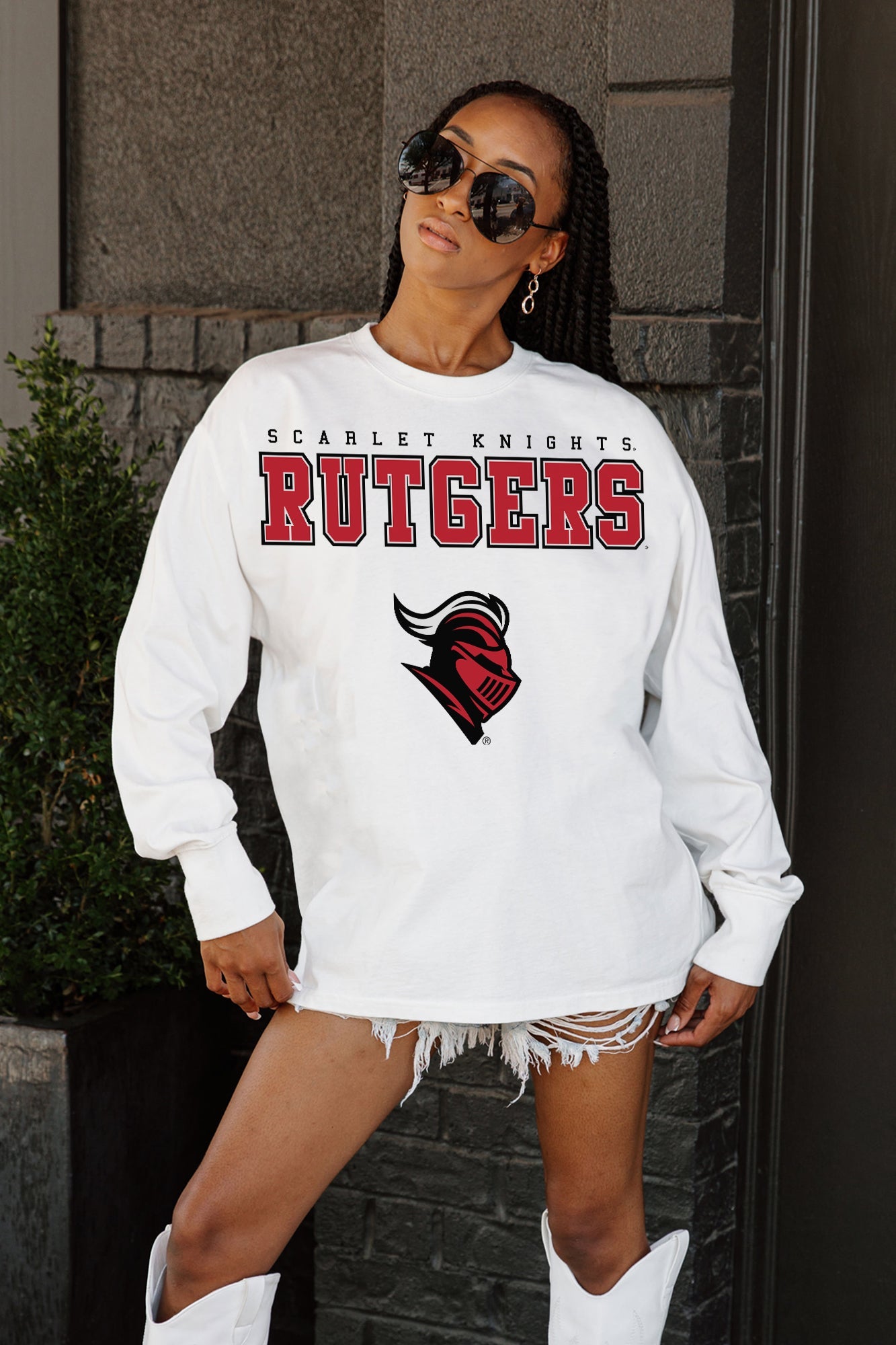 RUTGERS SCARLET KNIGHTS BIG GOALS OVERSIZED LONG SLEEVE TEE WITH RIBBED NECKLINE AND CUFFS