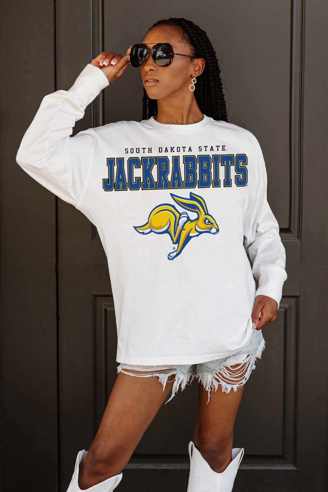 SOUTH DAKOTA STATE JACKRABBITS BIG GOALS OVERSIZED LONG SLEEVE TEE WITH RIBBED NECKLINE AND CUFFS