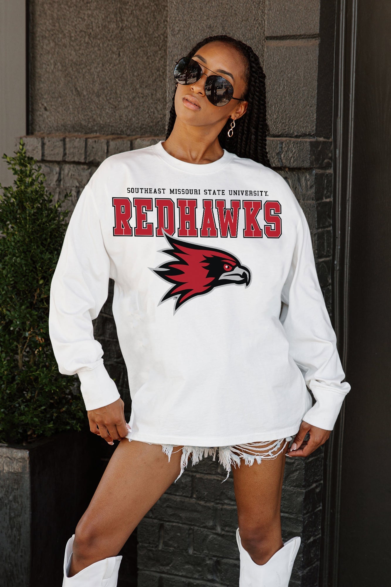 SOUTHEAST MISSOURI REDHAWKS BIG GOALS OVERSIZED LONG SLEEVE TEE WITH RIBBED NECKLINE AND CUFFS