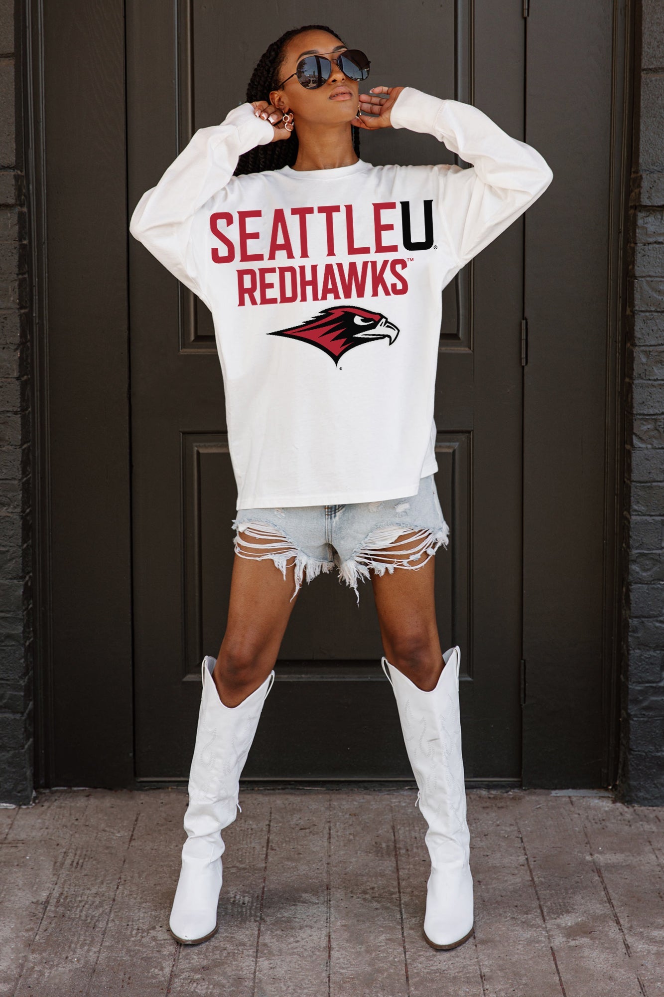 SEATTLE U REDHAWKS BIG GOALS OVERSIZED LONG SLEEVE TEE WITH RIBBED NECKLINE AND CUFFS
