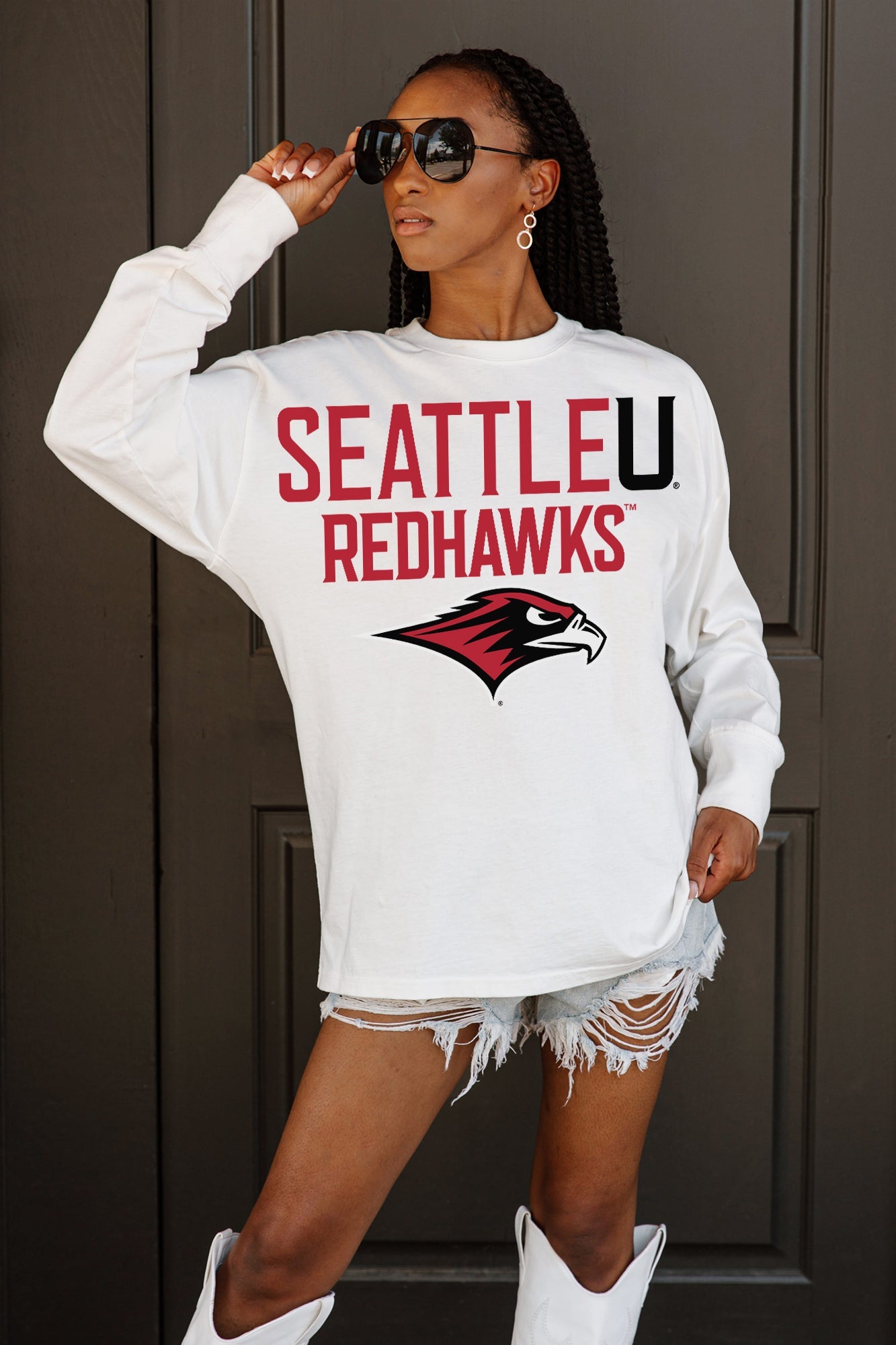 SEATTLE U REDHAWKS BIG GOALS OVERSIZED LONG SLEEVE TEE WITH RIBBED NECKLINE AND CUFFS