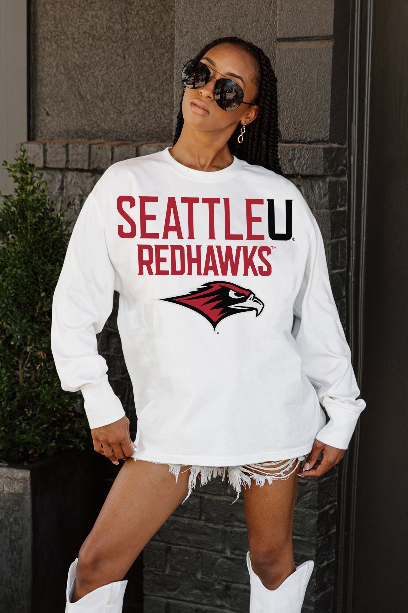 SEATTLE U REDHAWKS BIG GOALS OVERSIZED LONG SLEEVE TEE WITH RIBBED NECKLINE AND CUFFS