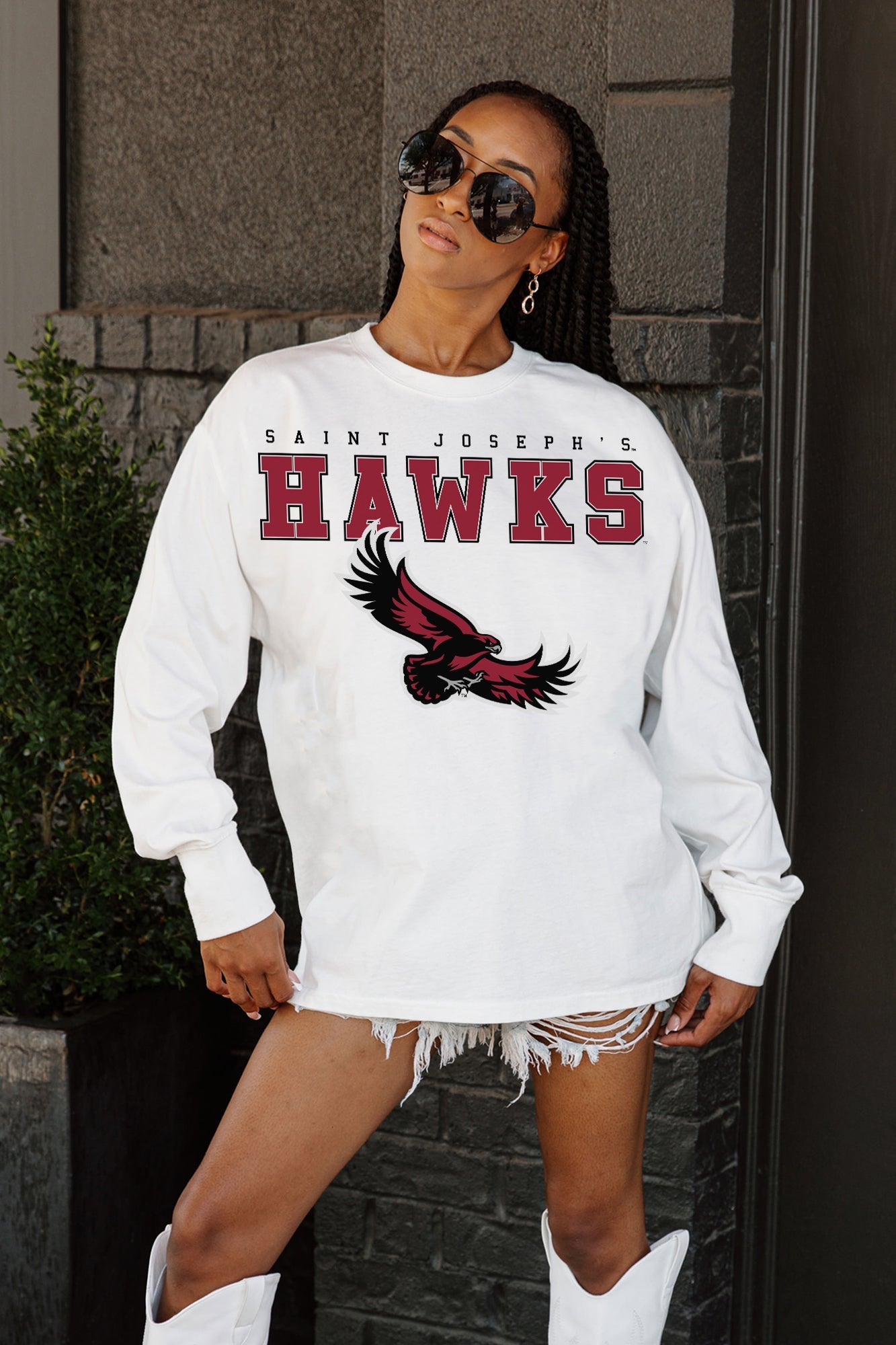 SAINT JOSEPH'S HAWKS BIG GOALS OVERSIZED LONG SLEEVE TEE WITH RIBBED NECKLINE AND CUFFS