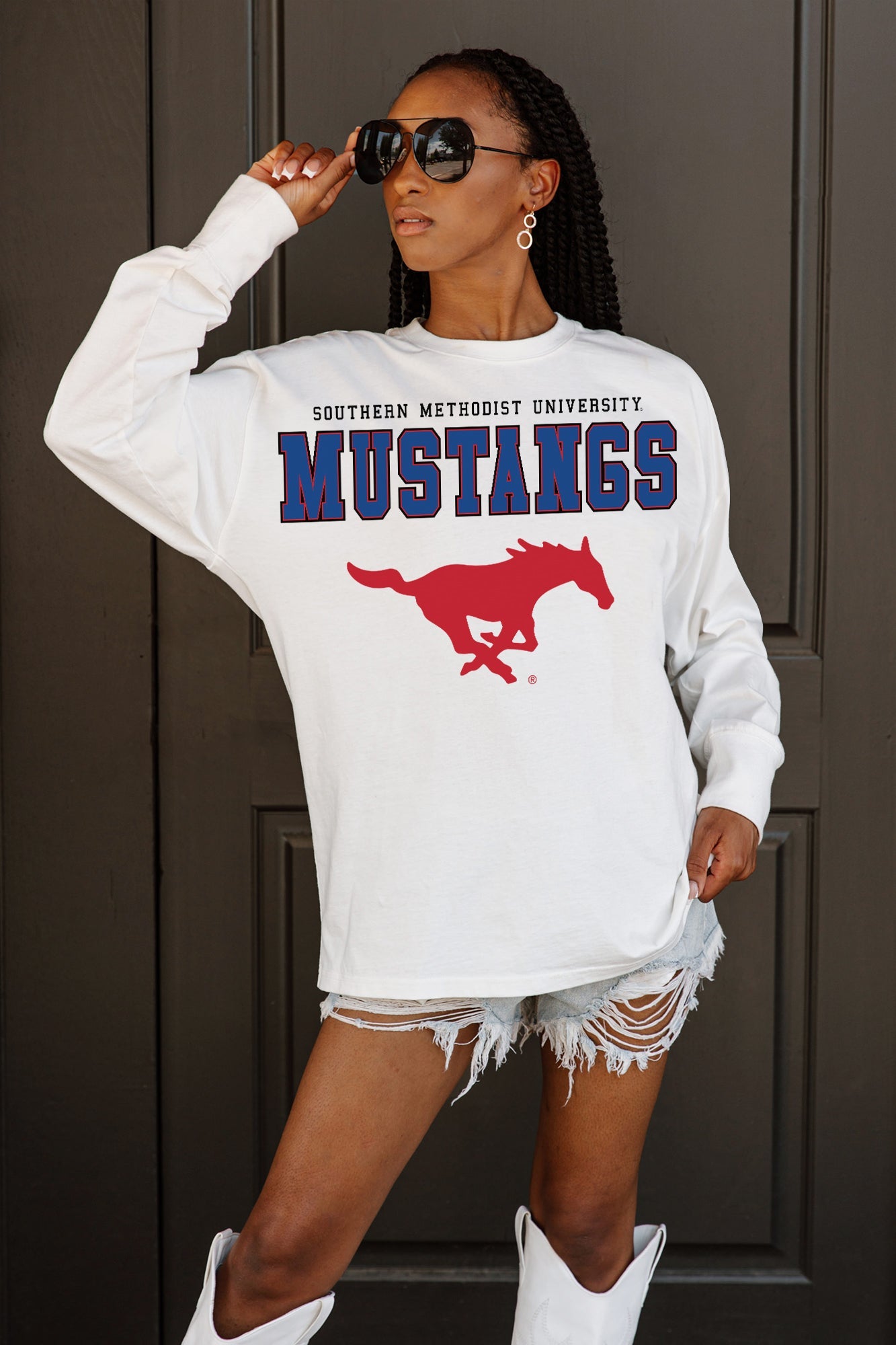 White SMU Mustangs Big Goals Oversized Long Sleeve Tee - Close-Up Graphic Front View | Gameday Couture - SOHO