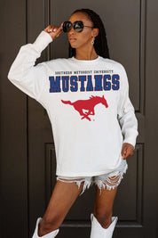 White SMU Mustangs Big Goals Oversized Long Sleeve Tee - Close-Up Graphic Front View | Gameday Couture - SOHO