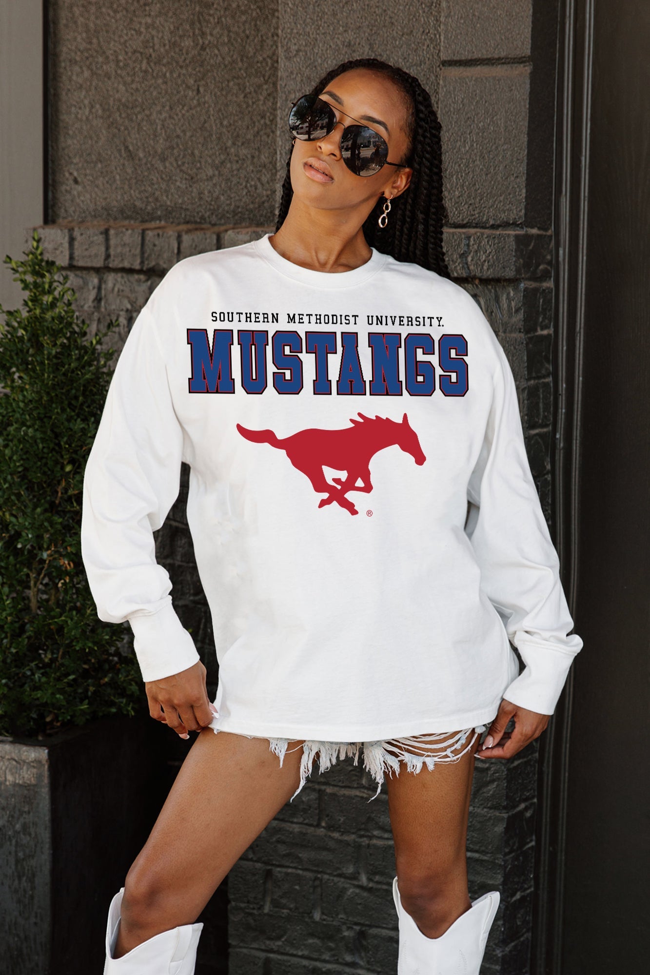 White SMU Mustangs Big Goals Oversized Long Sleeve Tee - Front On Model Outdoor Styled | Gameday Couture - SOHO