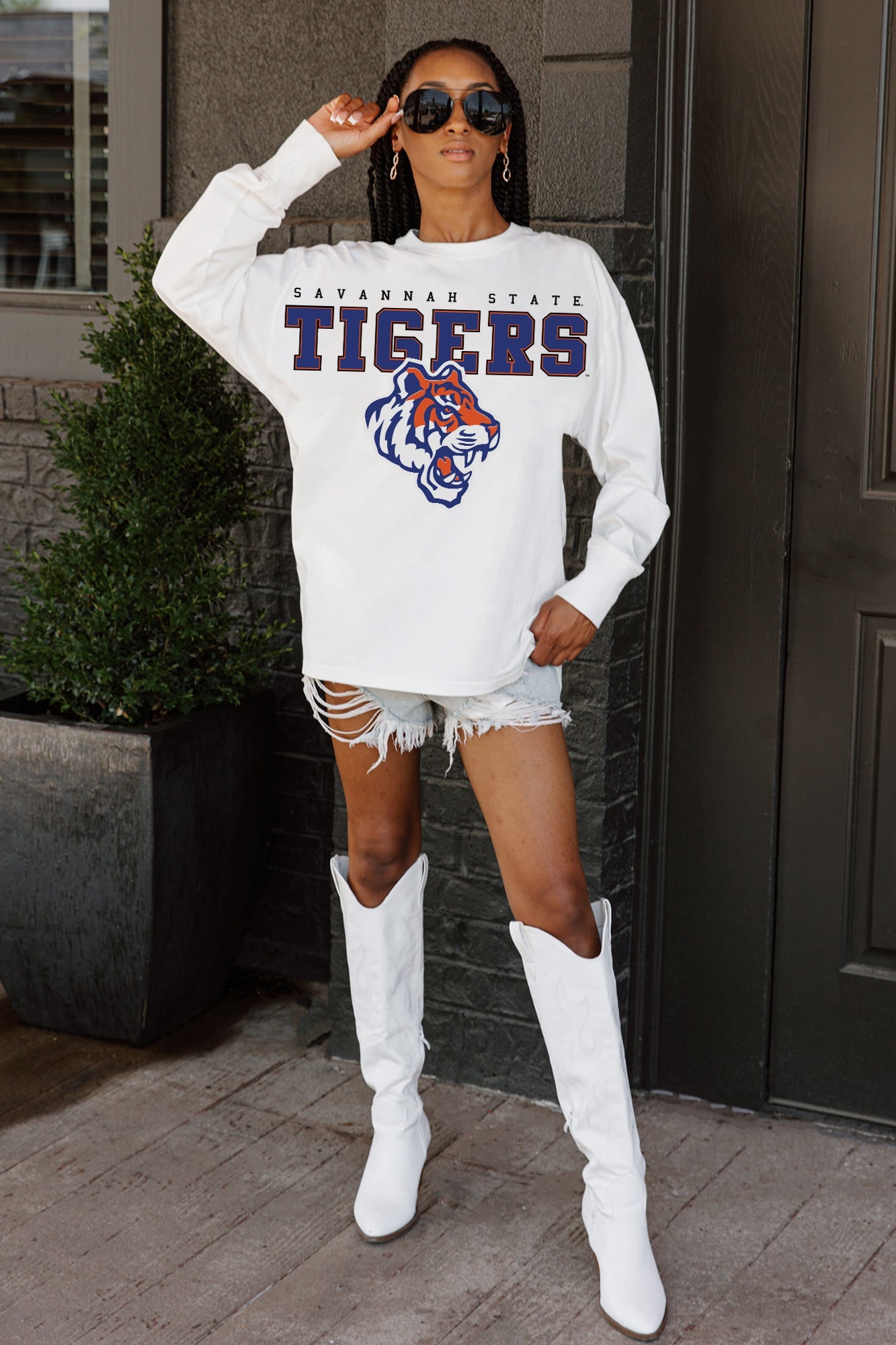 SAVANNAH STATE TIGERS BIG GOALS OVERSIZED LONG SLEEVE TEE WITH RIBBED NECKLINE AND CUFFS