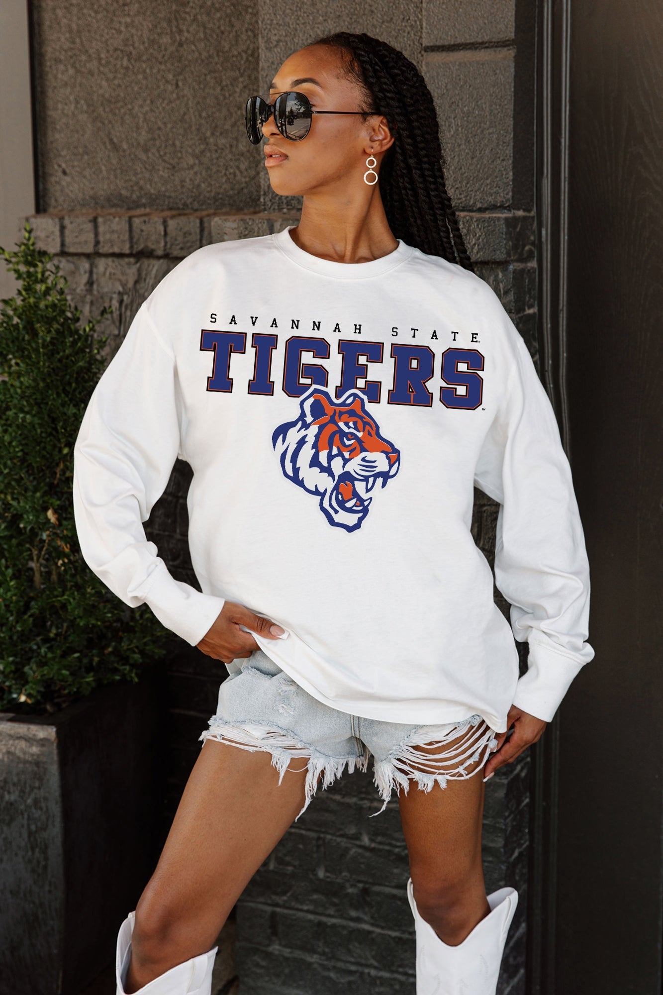 SAVANNAH STATE TIGERS BIG GOALS OVERSIZED LONG SLEEVE TEE WITH RIBBED NECKLINE AND CUFFS