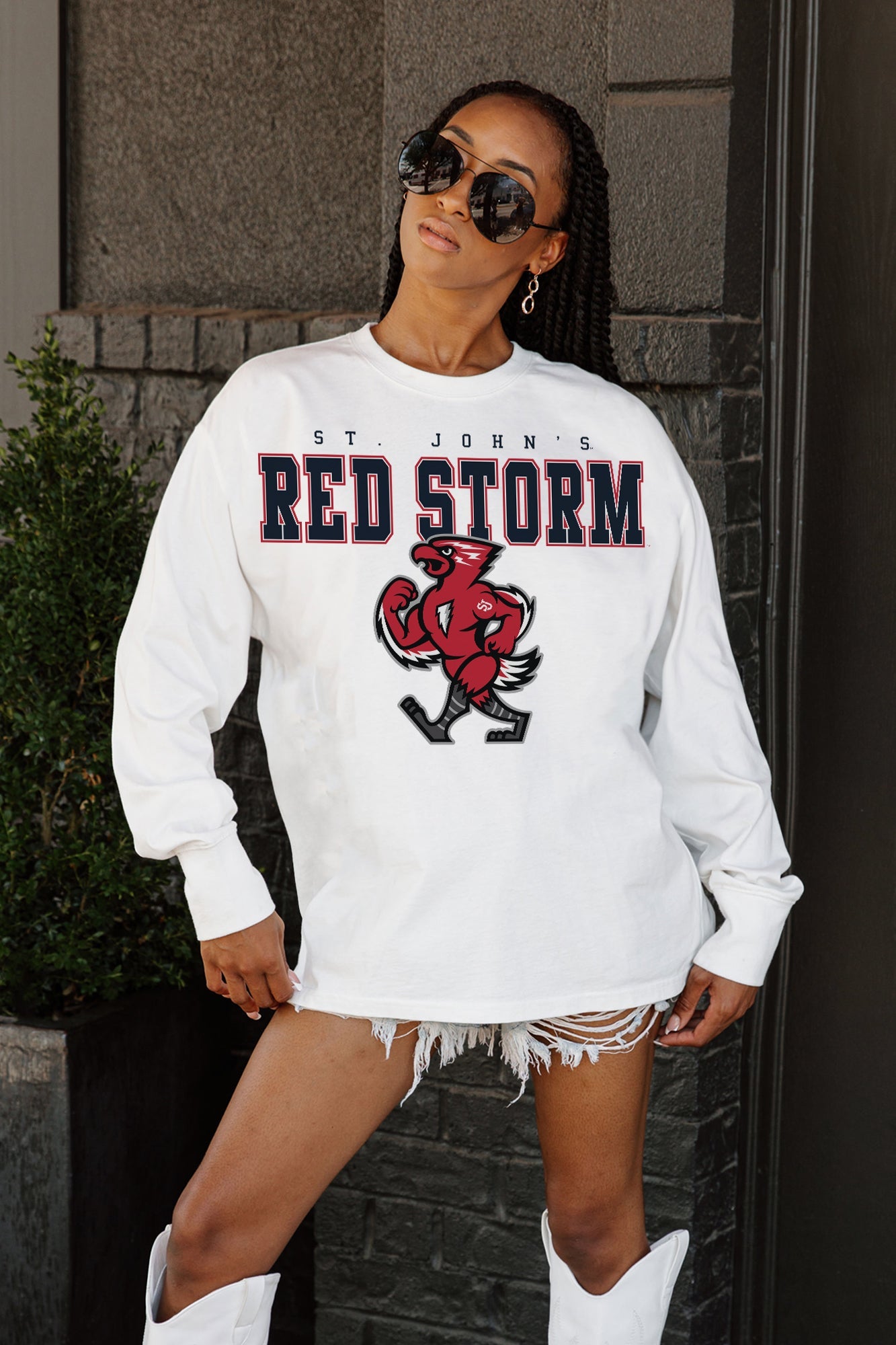 ST. JOHN'S RED STORM BIG GOALS OVERSIZED LONG SLEEVE TEE WITH RIBBED NECKLINE AND CUFFS