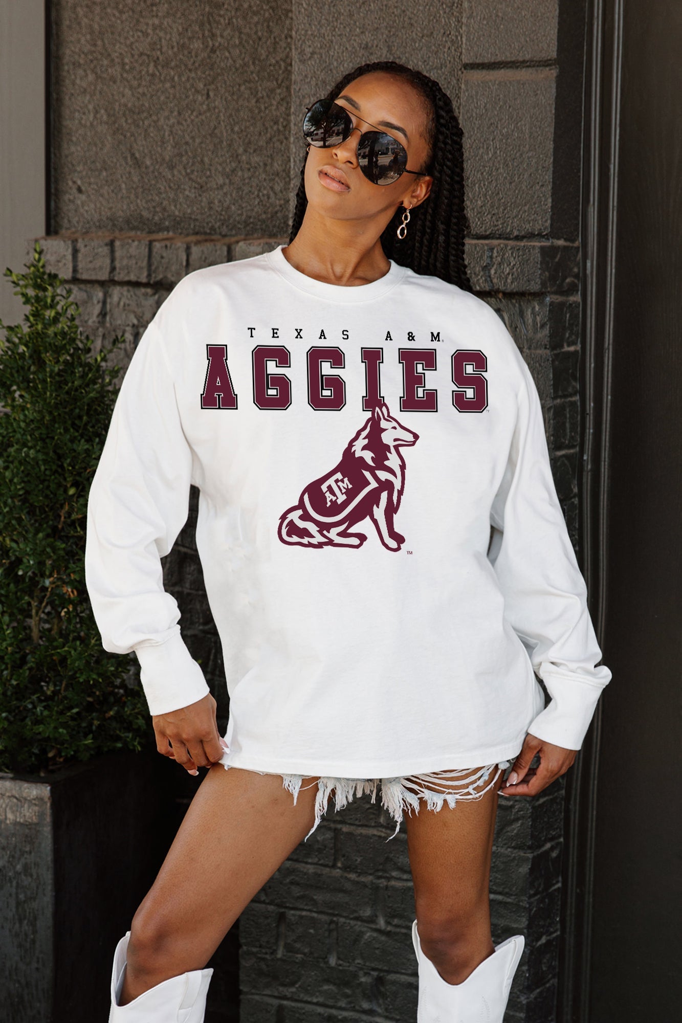 TEXAS A&M AGGIES BIG GOALS OVERSIZED LONG SLEEVE TEE WITH RIBBED NECKLINE AND CUFFS