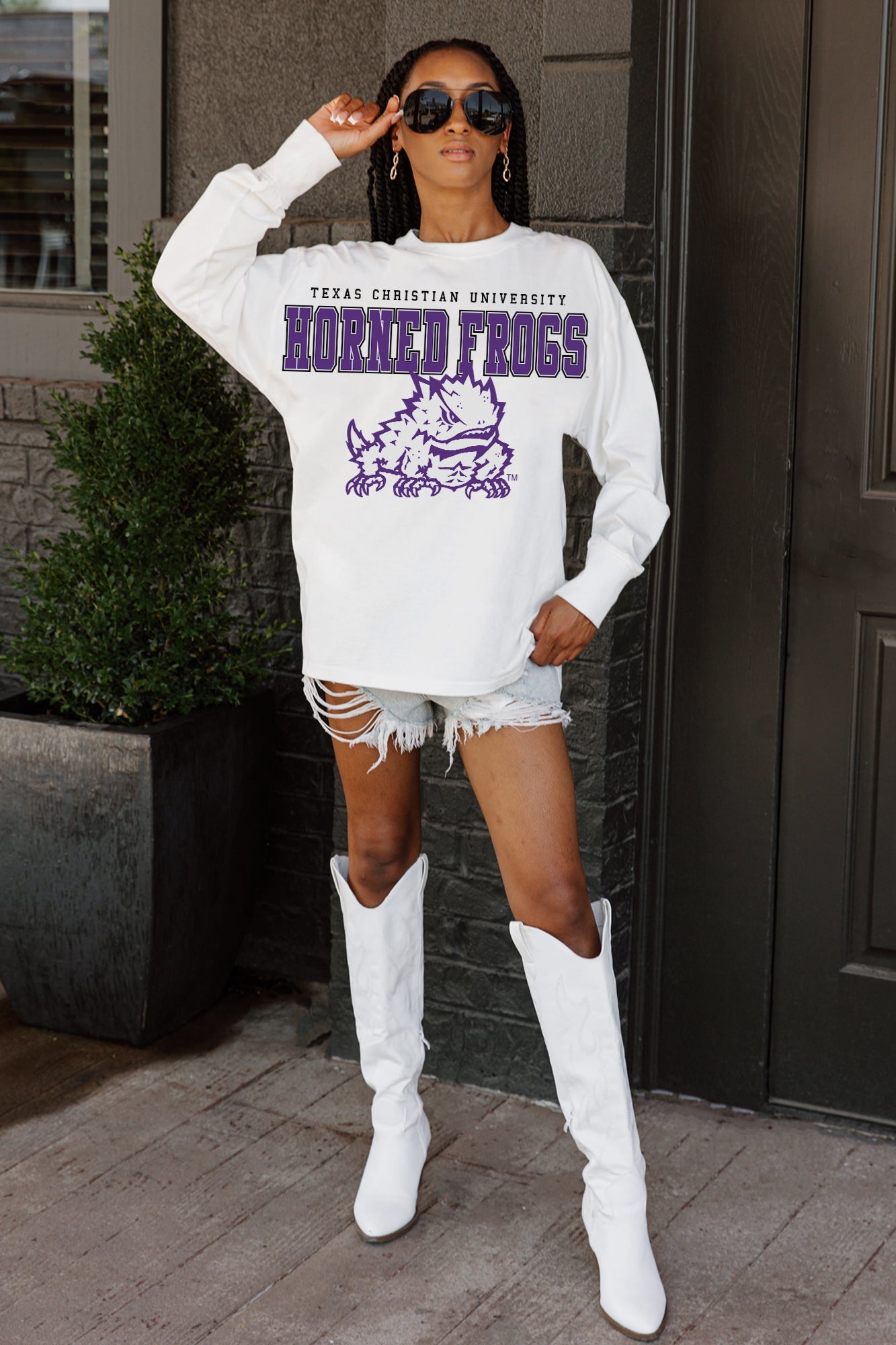 TCU HORNED FROGS BIG GOALS OVERSIZED LONG SLEEVE TEE WITH RIBBED NECKLINE AND CUFFS