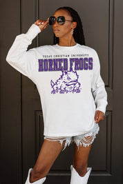 TCU HORNED FROGS BIG GOALS OVERSIZED LONG SLEEVE TEE WITH RIBBED NECKLINE AND CUFFS