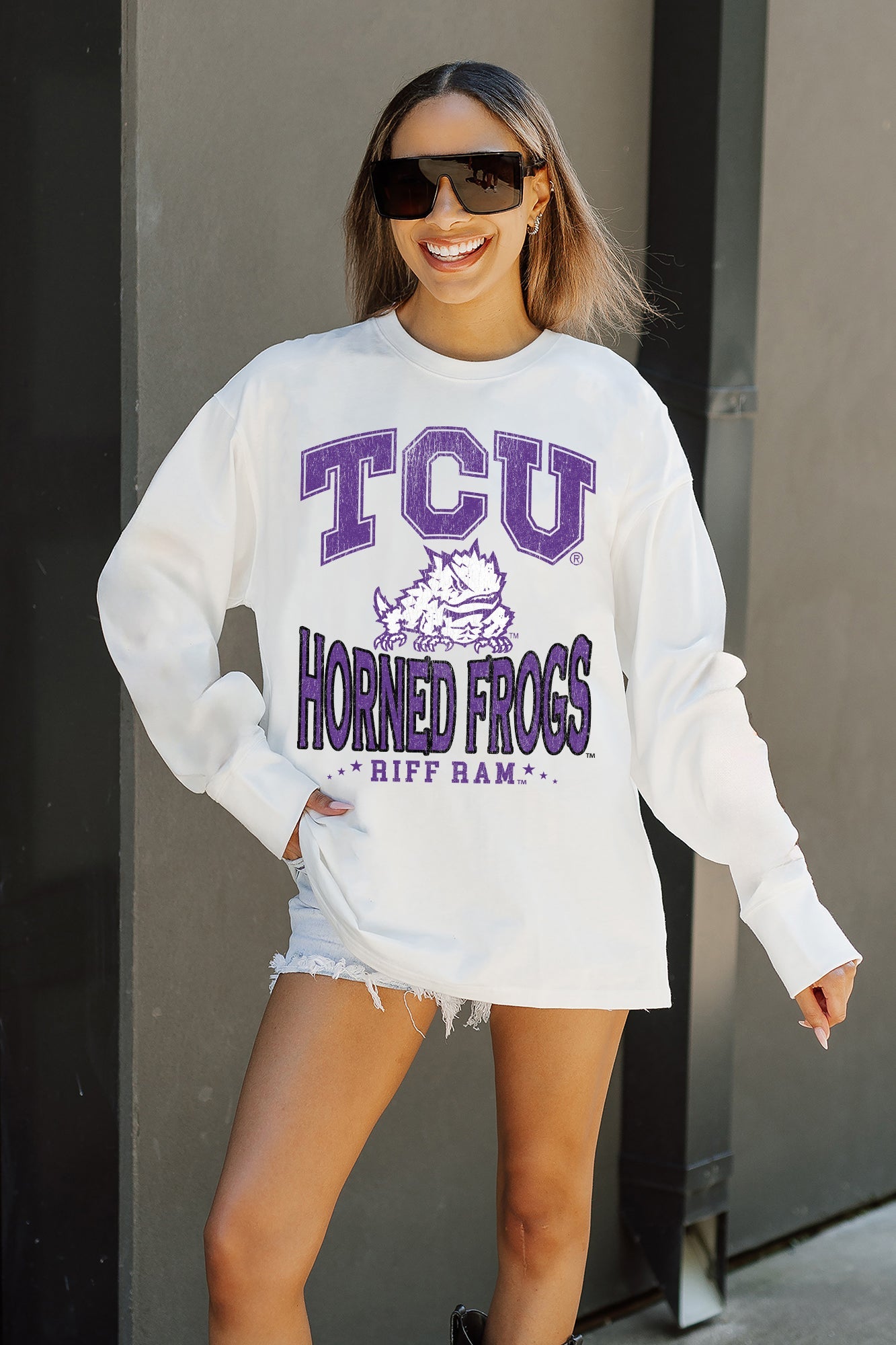 TCU HORNED FROGS TIME OUT OVERSIZED LONG SLEEVE TEE WITH RIBBED NECKLINE AND CUFFS
