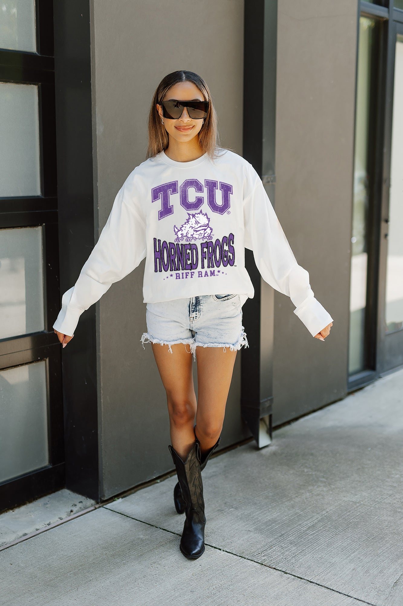 TCU HORNED FROGS TIME OUT OVERSIZED LONG SLEEVE TEE WITH RIBBED NECKLINE AND CUFFS