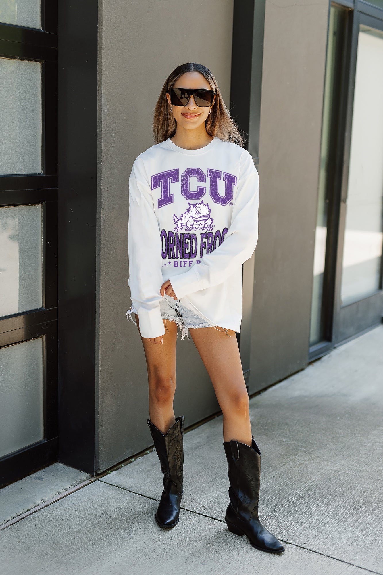 TCU HORNED FROGS TIME OUT OVERSIZED LONG SLEEVE TEE WITH RIBBED NECKLINE AND CUFFS