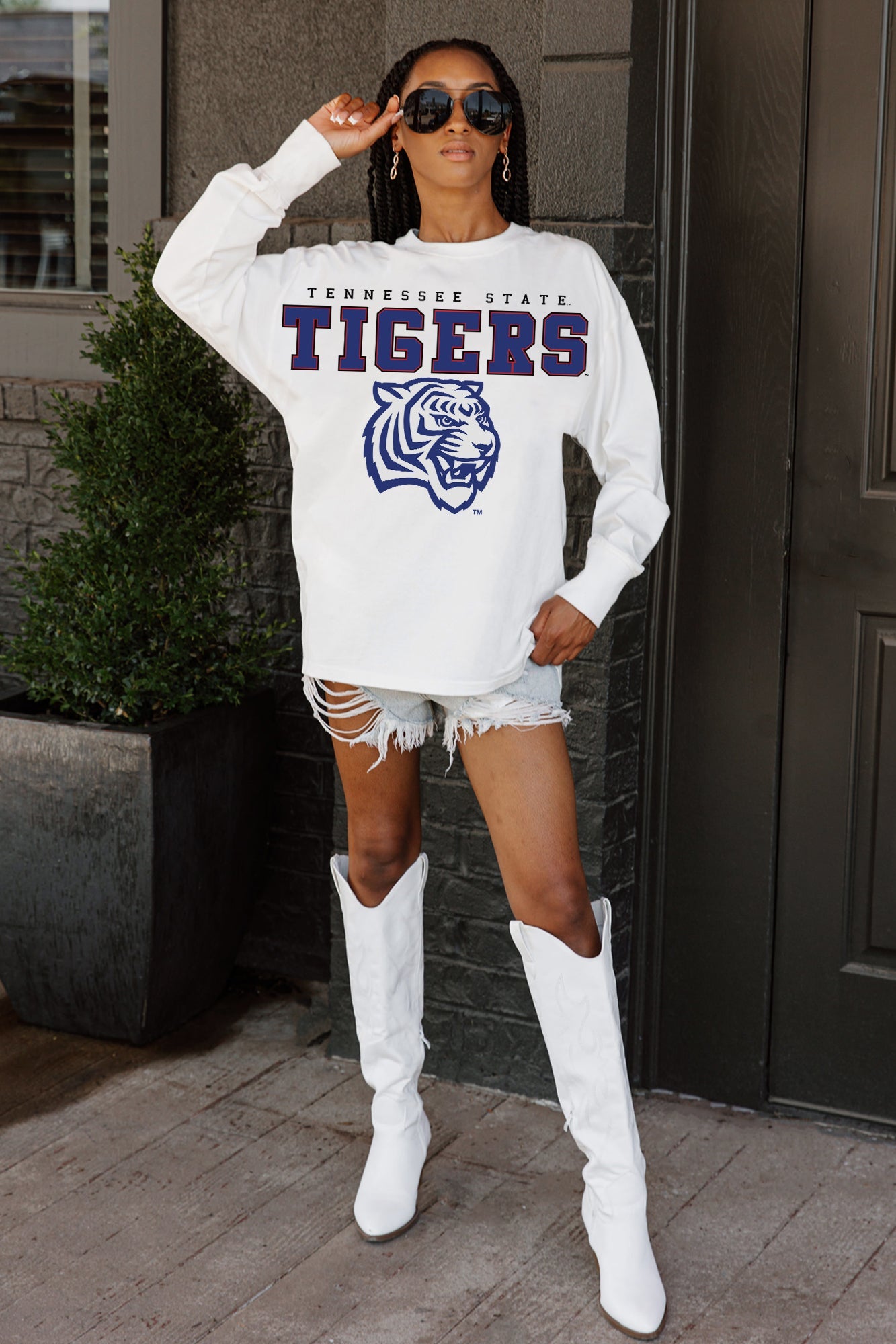 TENNESSEE STATE TIGERS BIG GOALS OVERSIZED LONG SLEEVE TEE WITH RIBBED NECKLINE AND CUFFS