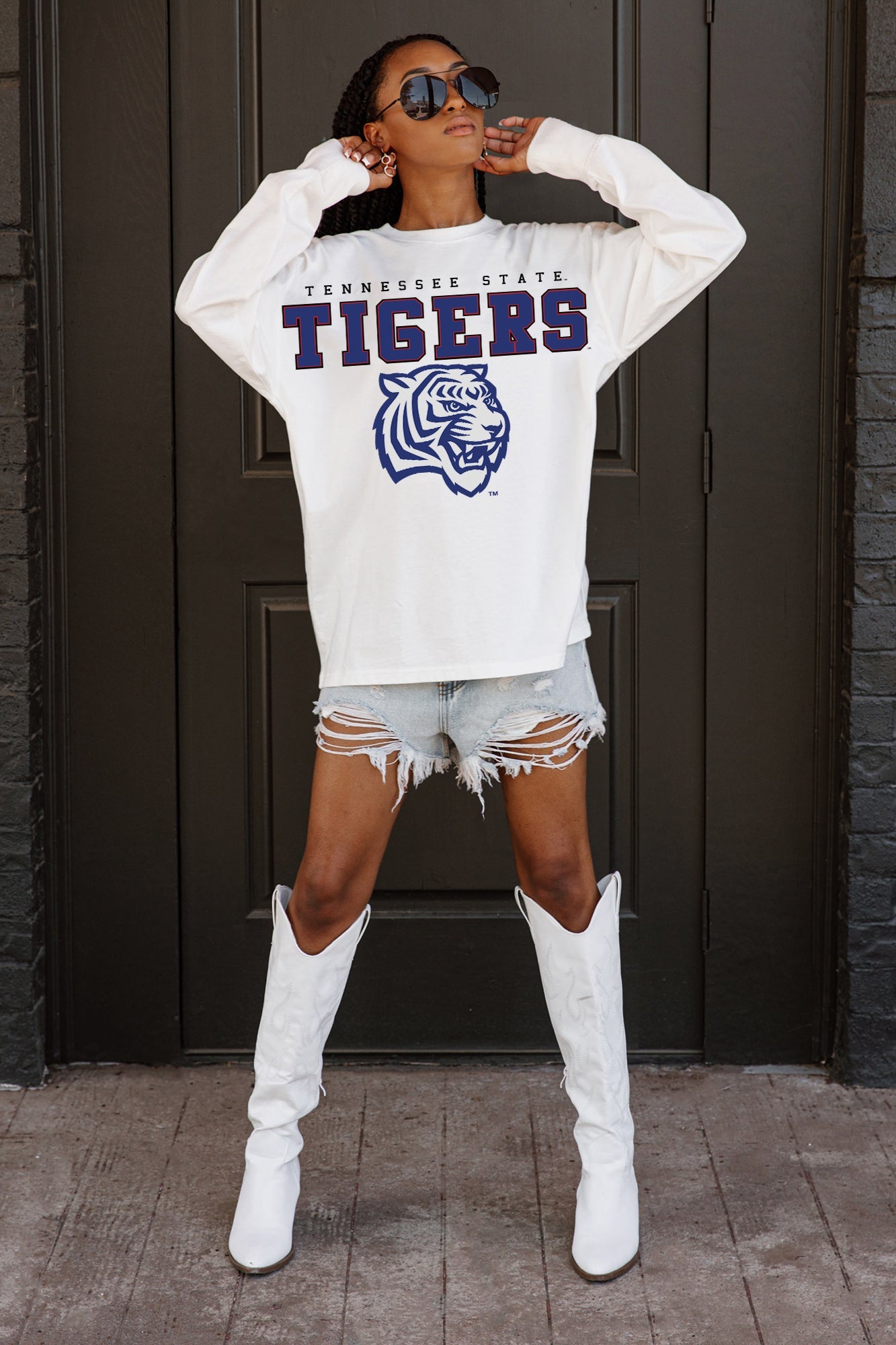 TENNESSEE STATE TIGERS BIG GOALS OVERSIZED LONG SLEEVE TEE WITH RIBBED NECKLINE AND CUFFS
