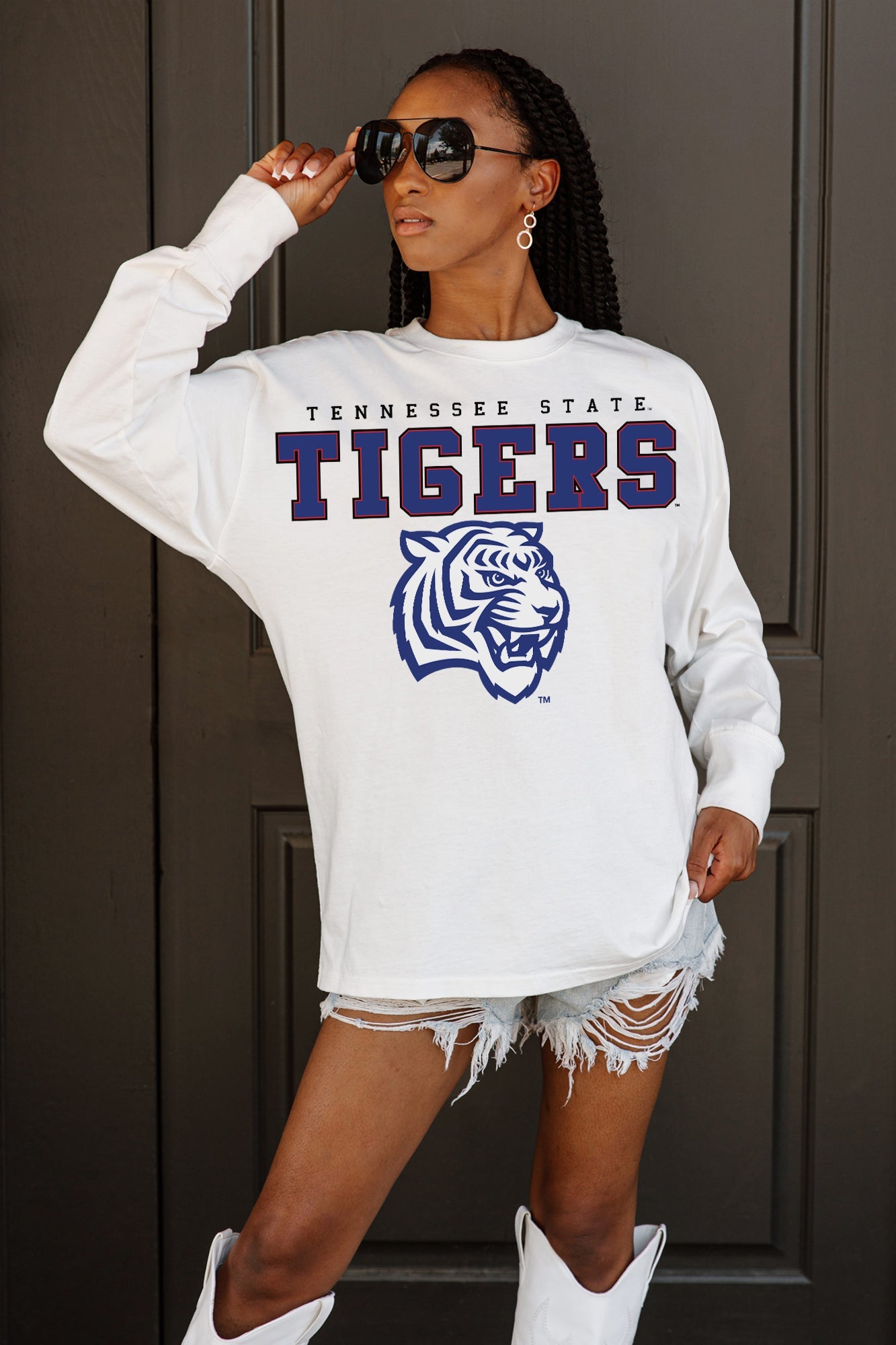TENNESSEE STATE TIGERS BIG GOALS OVERSIZED LONG SLEEVE TEE WITH RIBBED NECKLINE AND CUFFS