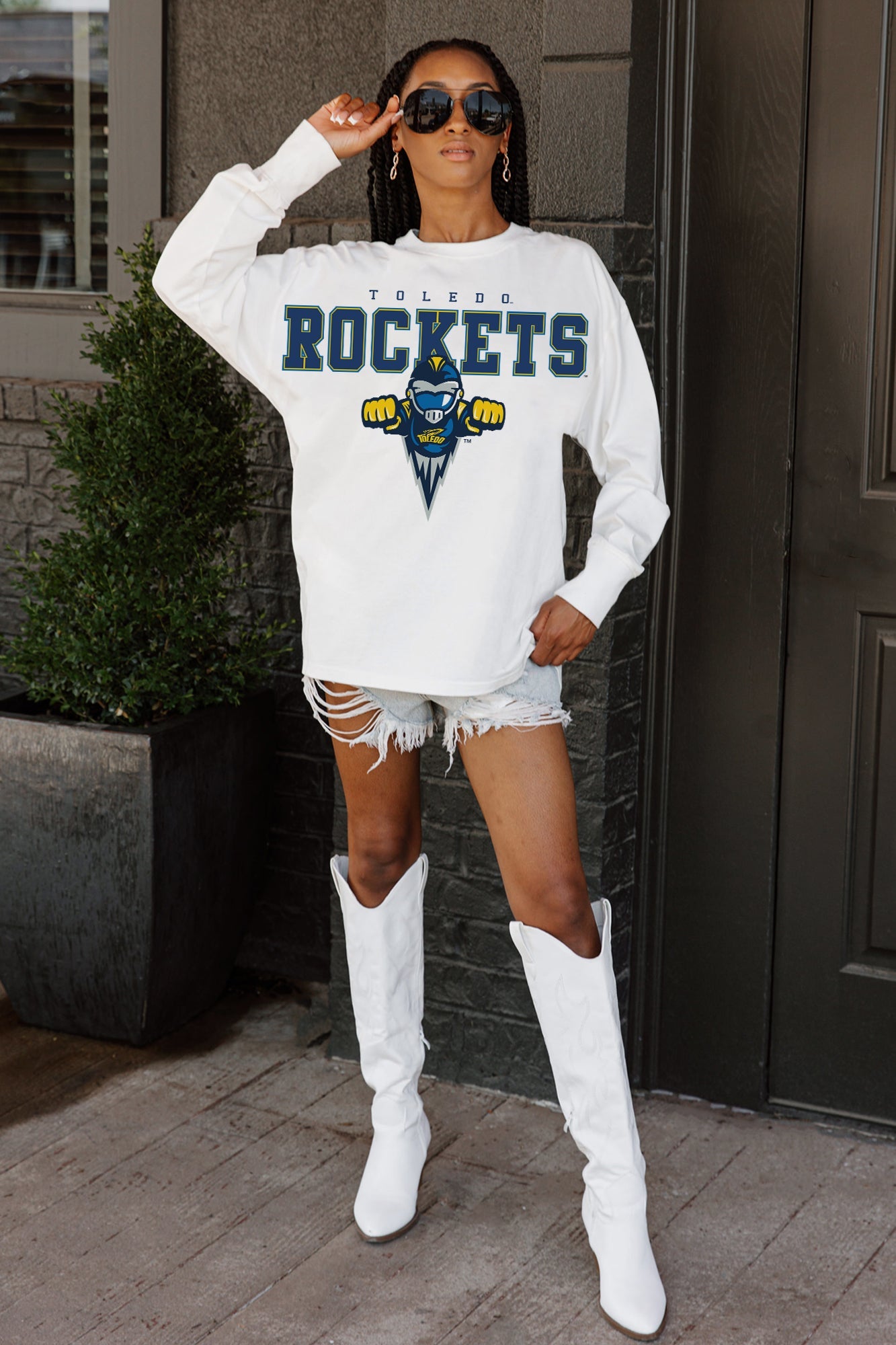 TOLEDO ROCKETS BIG GOALS OVERSIZED LONG SLEEVE TEE WITH RIBBED NECKLINE AND CUFFS