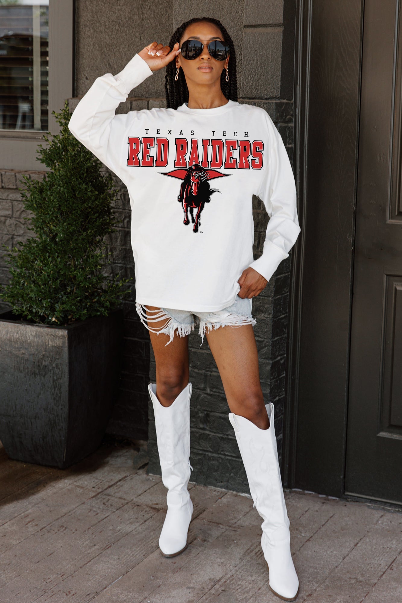 TEXAS TECH RED RAIDERS BIG GOALS OVERSIZED LONG SLEEVE TEE WITH RIBBED NECKLINE AND CUFFS