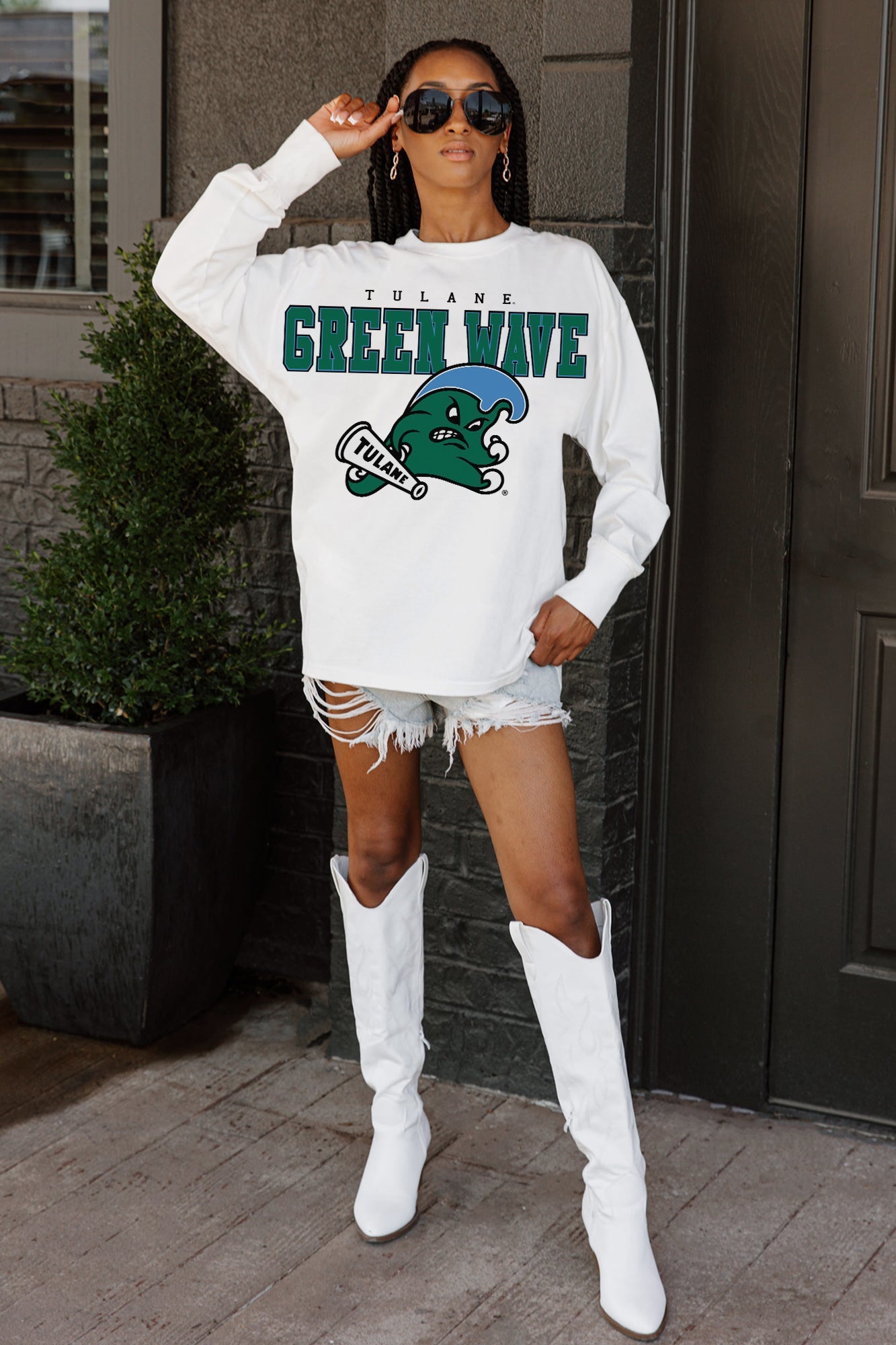 TULANE GREEN WAVE BIG GOALS OVERSIZED LONG SLEEVE TEE WITH RIBBED NECKLINE AND CUFFS