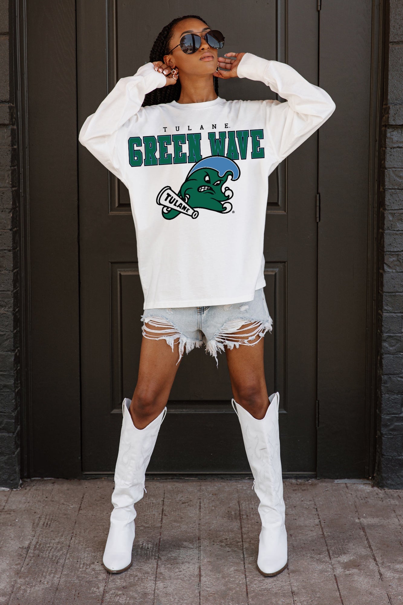 TULANE GREEN WAVE BIG GOALS OVERSIZED LONG SLEEVE TEE WITH RIBBED NECKLINE AND CUFFS