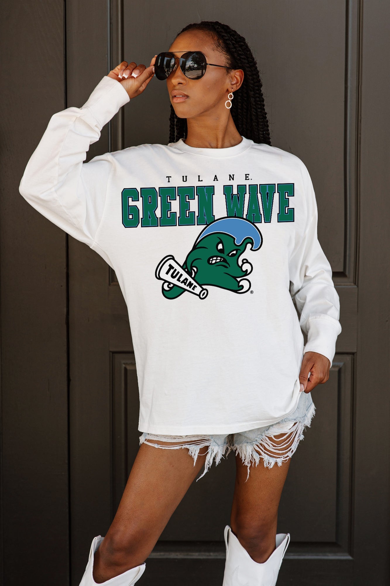 TULANE GREEN WAVE BIG GOALS OVERSIZED LONG SLEEVE TEE WITH RIBBED NECKLINE AND CUFFS