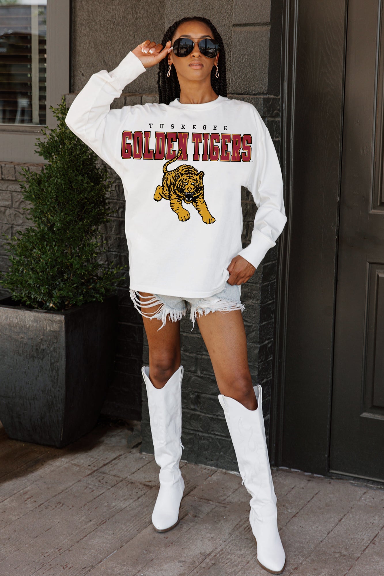 TUSKEGEE GOLDEN TIGERS BIG GOALS OVERSIZED LONG SLEEVE TEE WITH RIBBED NECKLINE AND CUFFS