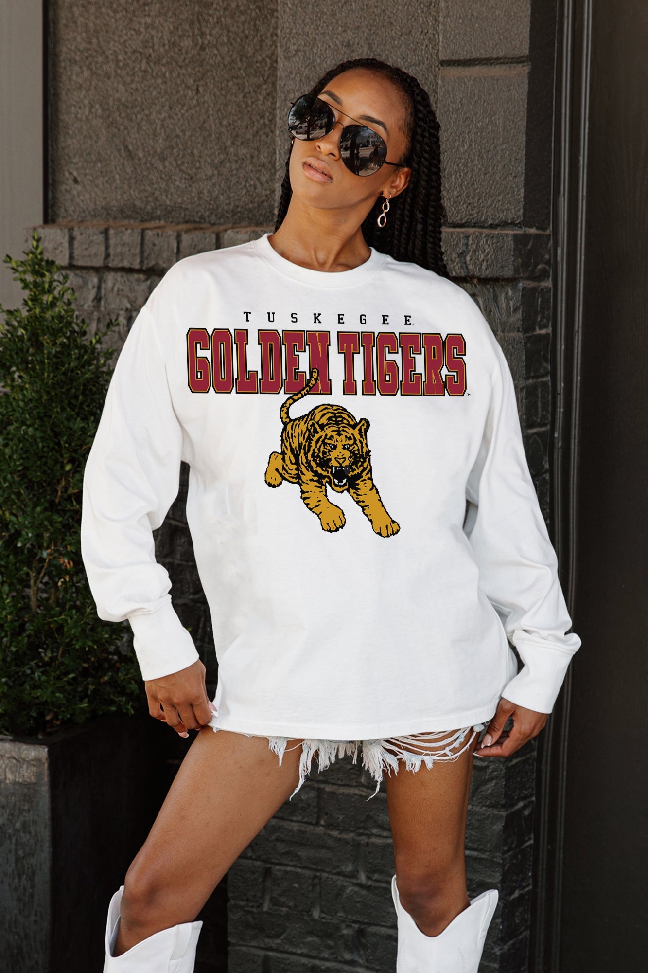 TUSKEGEE GOLDEN TIGERS BIG GOALS OVERSIZED LONG SLEEVE TEE WITH RIBBED NECKLINE AND CUFFS
