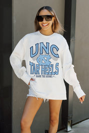 White UNC Tar Heels TIME OUT Oversized Long-Sleeve Tee - Front On-Model Close-Up | Gameday Couture - SOHO