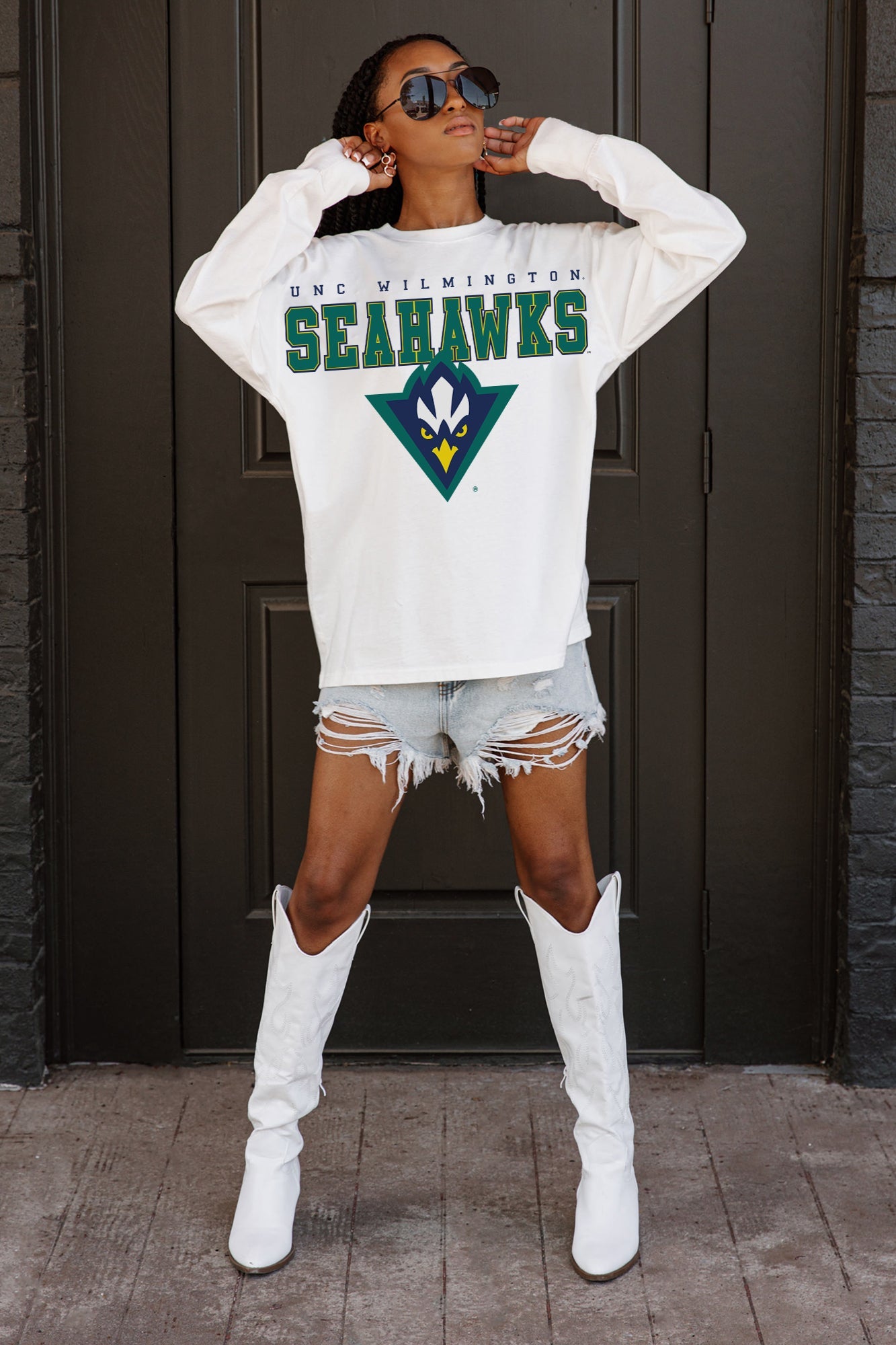 UNC WILMINGTON SEAHAWKS BIG GOALS OVERSIZED LONG SLEEVE TEE WITH RIBBED NECKLINE AND CUFFS