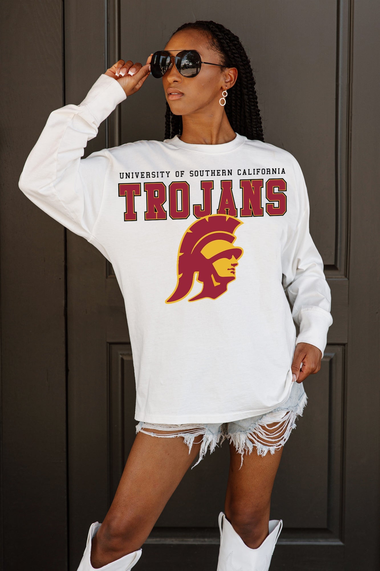 USC TROJANS BIG GOALS OVERSIZED LONG SLEEVE TEE WITH RIBBED NECKLINE AND CUFFS