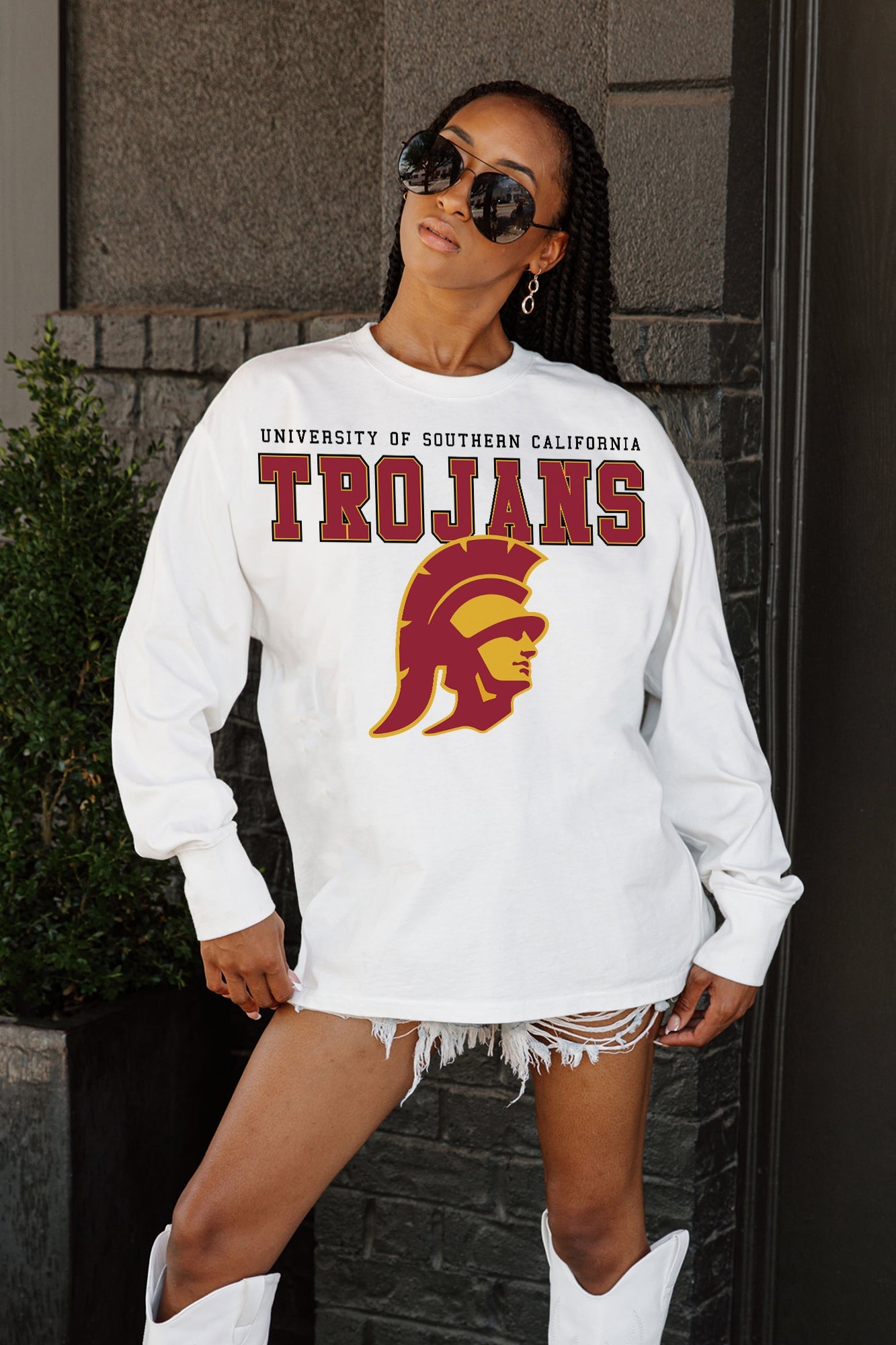 USC TROJANS BIG GOALS OVERSIZED LONG SLEEVE TEE WITH RIBBED NECKLINE AND CUFFS