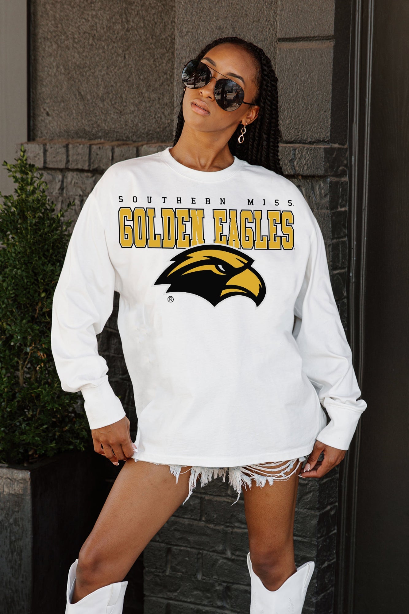 SOUTHERN MISS GOLDEN EAGLES BIG GOALS OVERSIZED LONG SLEEVE TEE WITH RIBBED NECKLINE AND CUFFS