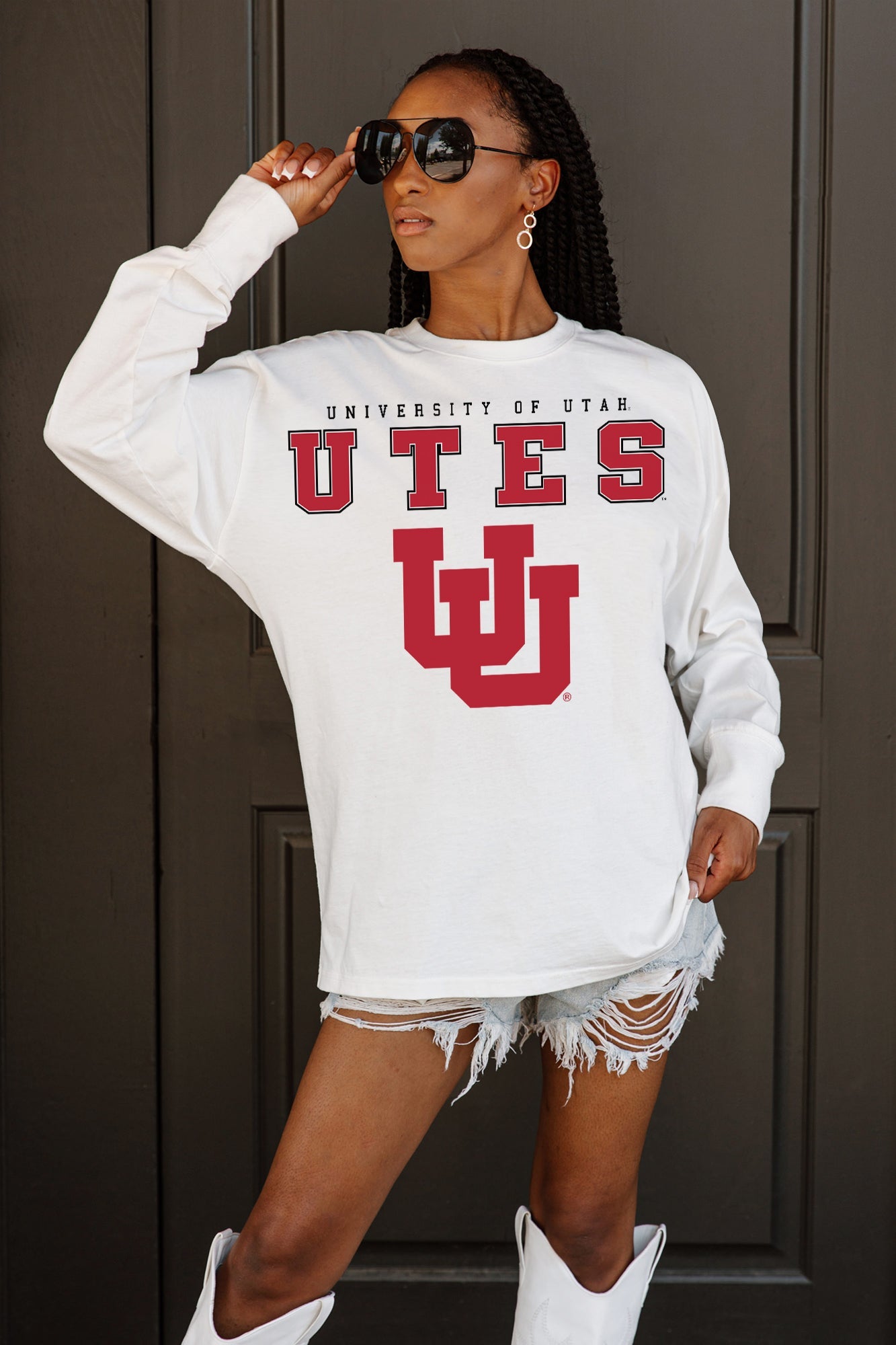 UTAH UTES BIG GOALS OVERSIZED LONG SLEEVE TEE WITH RIBBED NECKLINE AND CUFFS