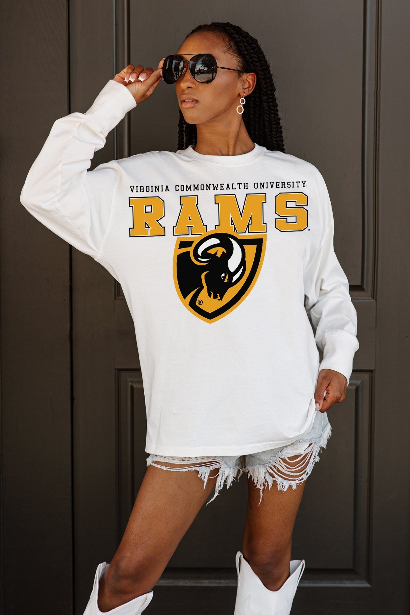 VIRGINIA COMMONWEALTH RAMS BIG GOALS OVERSIZED LONG SLEEVE TEE WITH RIBBED NECKLINE AND CUFFS