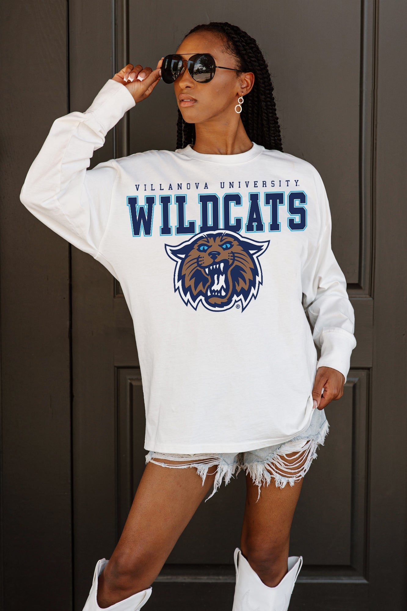 VILLANOVA WILDCATS BIG GOALS OVERSIZED LONG SLEEVE TEE WITH RIBBED NECKLINE AND CUFFS