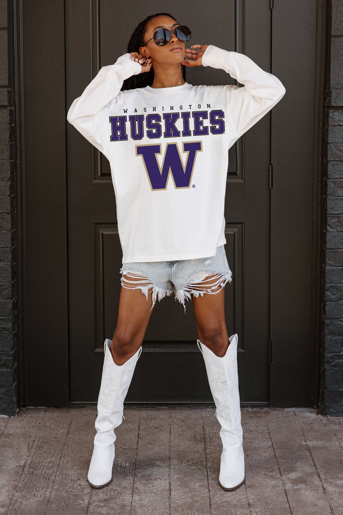 WASHINGTON HUSKIES BIG GOALS OVERSIZED LONG SLEEVE TEE WITH RIBBED NECKLINE AND CUFFS