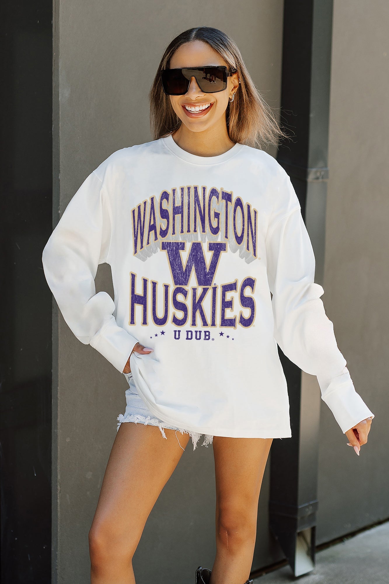 WASHINGTON HUSKIES TIME OUT OVERSIZED LONG SLEEVE TEE WITH RIBBED NECKLINE AND CUFFS