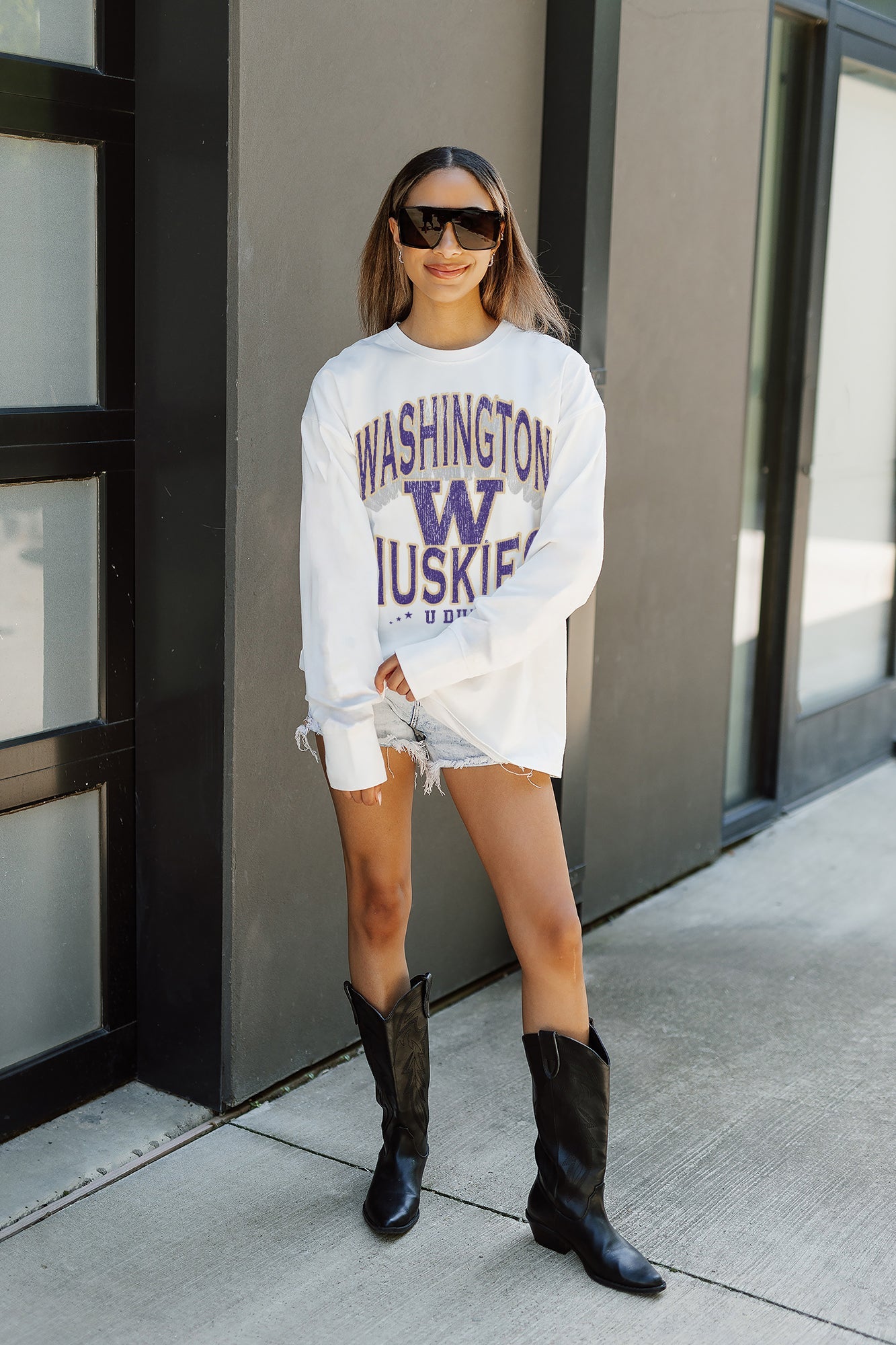 WASHINGTON HUSKIES TIME OUT OVERSIZED LONG SLEEVE TEE WITH RIBBED NECKLINE AND CUFFS