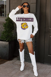 WESTERN ILLINOIS LEATHERNECKS BIG GOALS OVERSIZED LONG SLEEVE TEE WITH RIBBED NECKLINE AND CUFFS