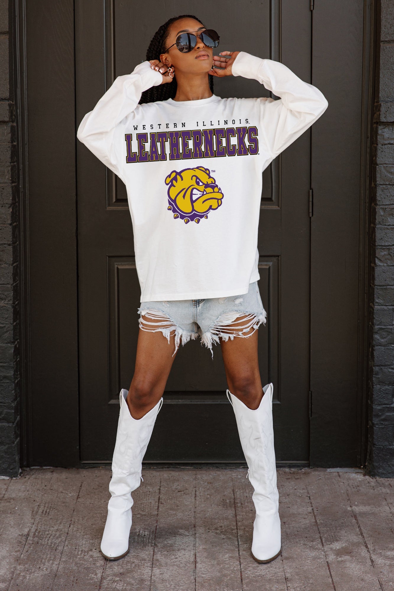 WESTERN ILLINOIS LEATHERNECKS BIG GOALS OVERSIZED LONG SLEEVE TEE WITH RIBBED NECKLINE AND CUFFS
