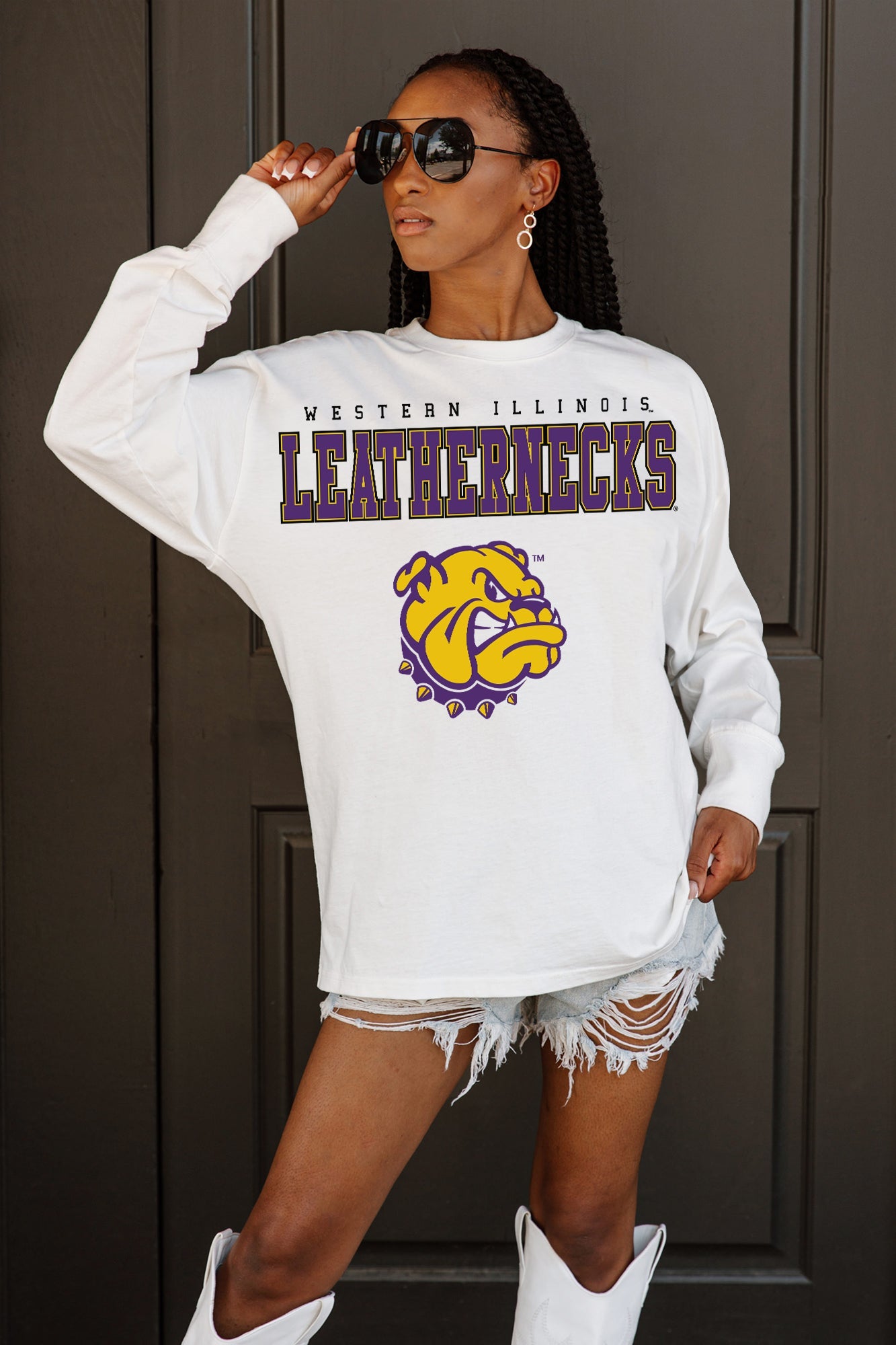WESTERN ILLINOIS LEATHERNECKS BIG GOALS OVERSIZED LONG SLEEVE TEE WITH RIBBED NECKLINE AND CUFFS