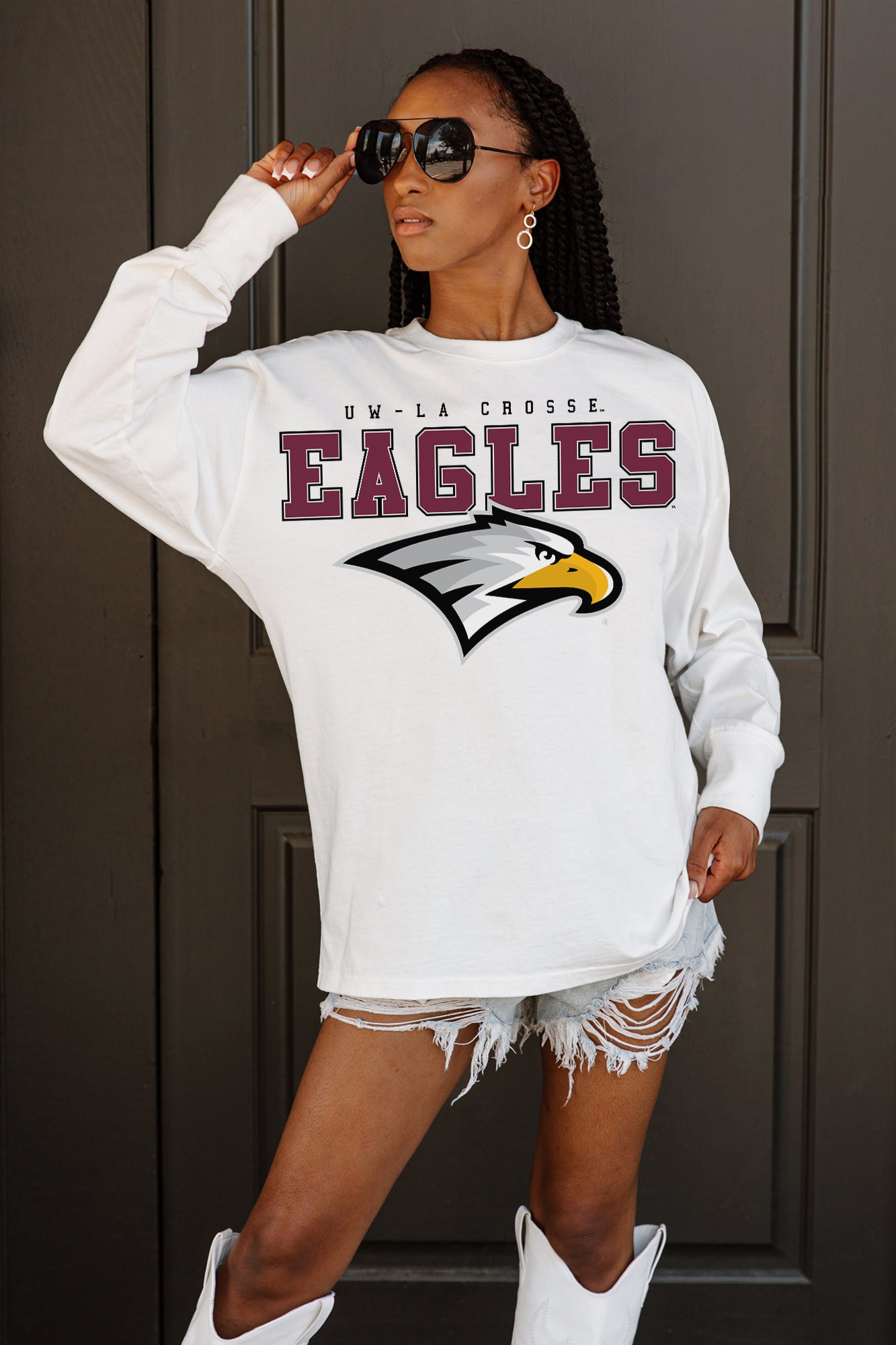 UW LA CROSSE EAGLES BIG GOALS OVERSIZED LONG SLEEVE TEE WITH RIBBED NECKLINE AND CUFFS