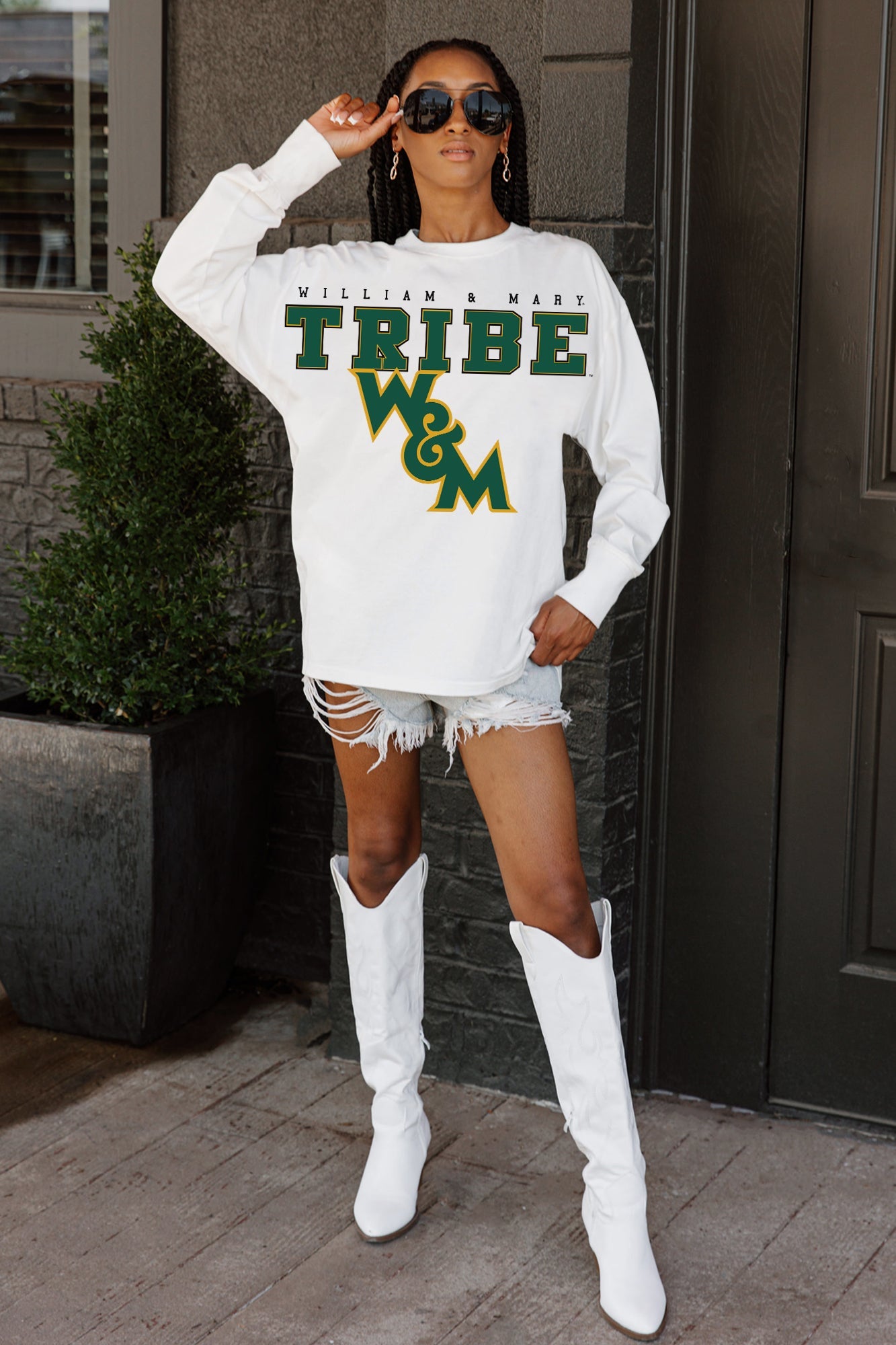 White William & Mary Tribe Big Goals Oversized Long Sleeve Tee - Full Body Styled Look | Gameday Couture - SOHO