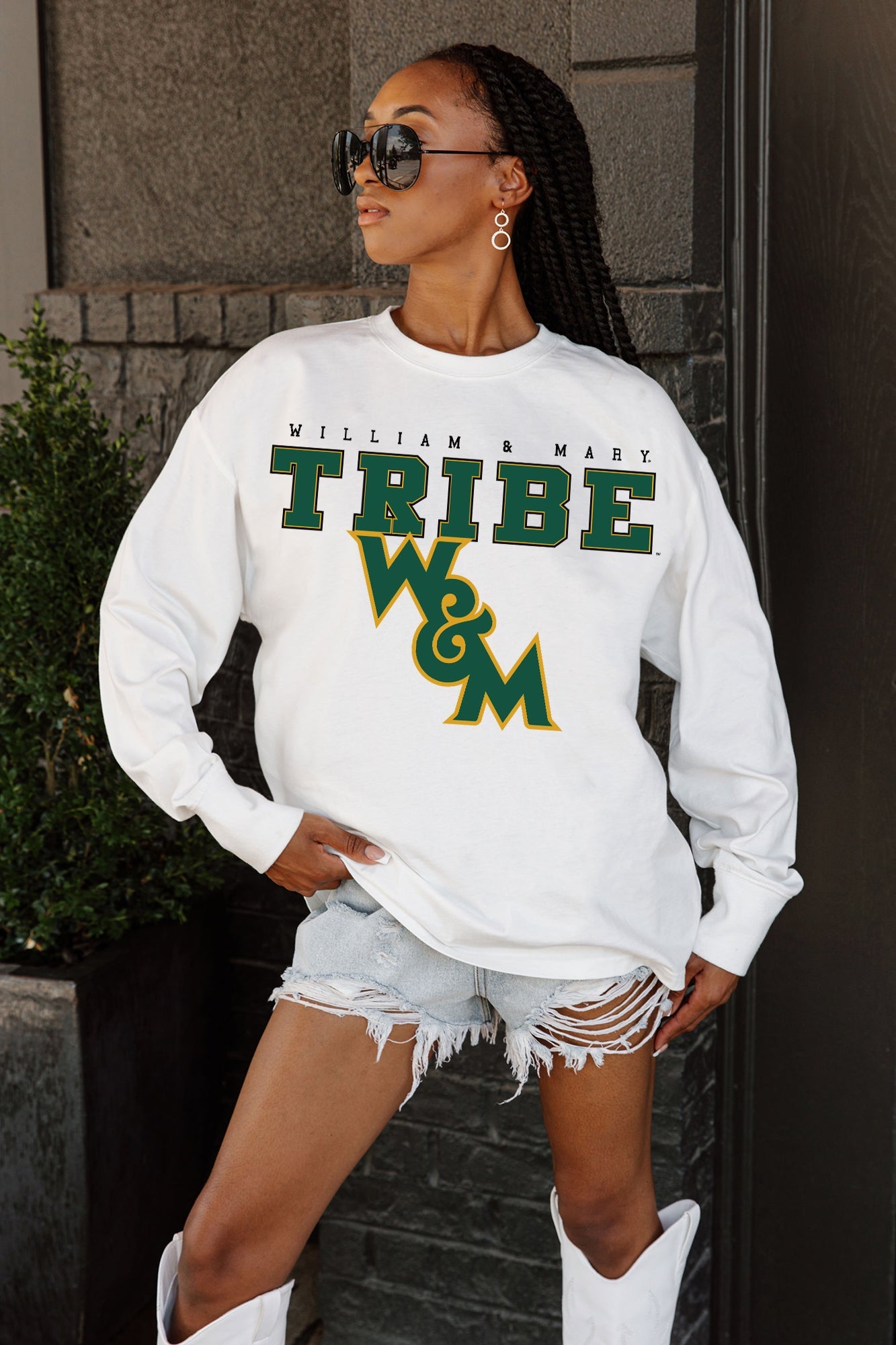 White William & Mary Tribe Big Goals Oversized Long Sleeve Tee - Graphic Detail Front View | Gameday Couture - SOHO