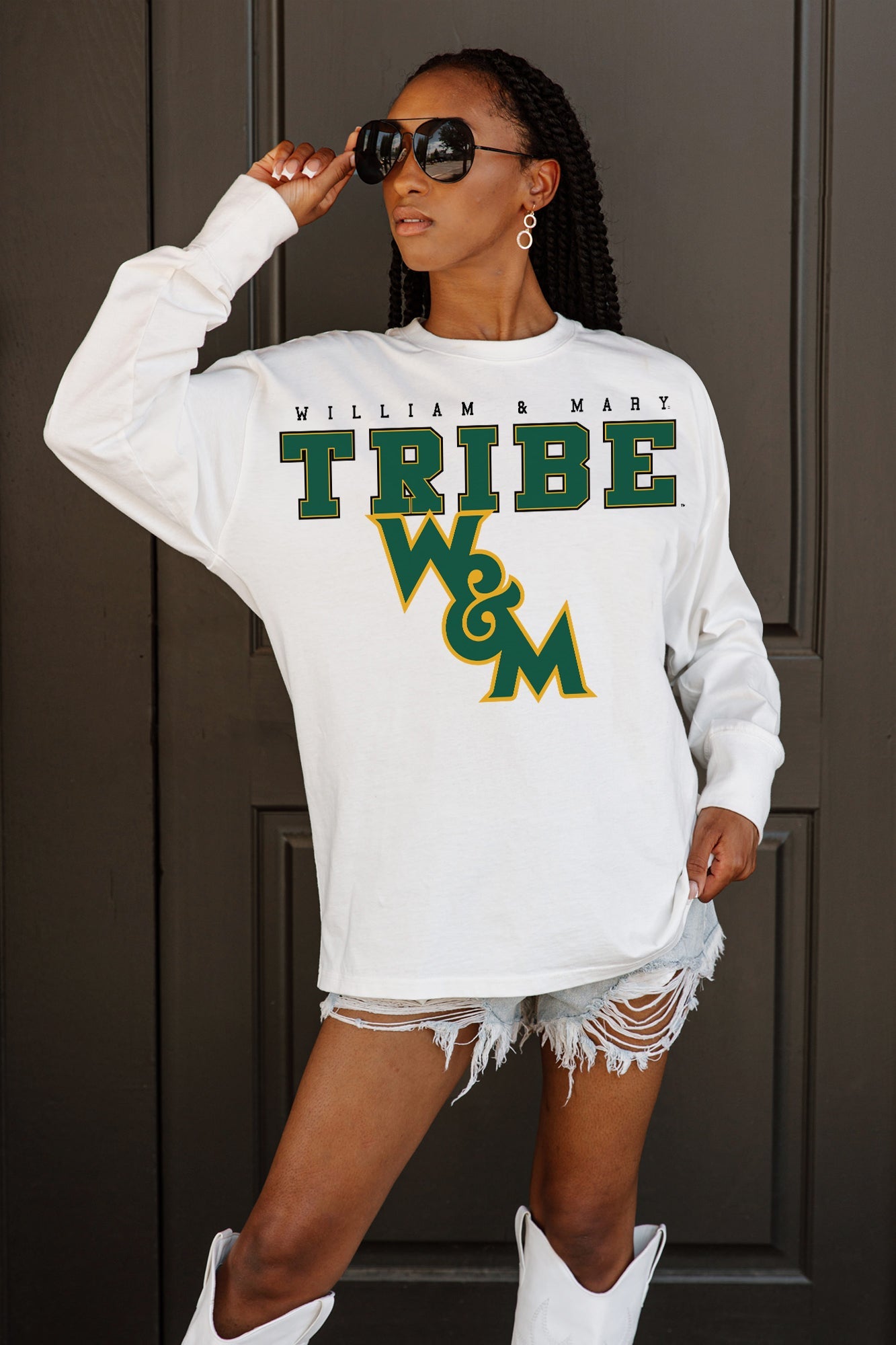 White William & Mary Tribe Big Goals Oversized Long Sleeve Tee - Relaxed Fit On Model | Gameday Couture - SOHO