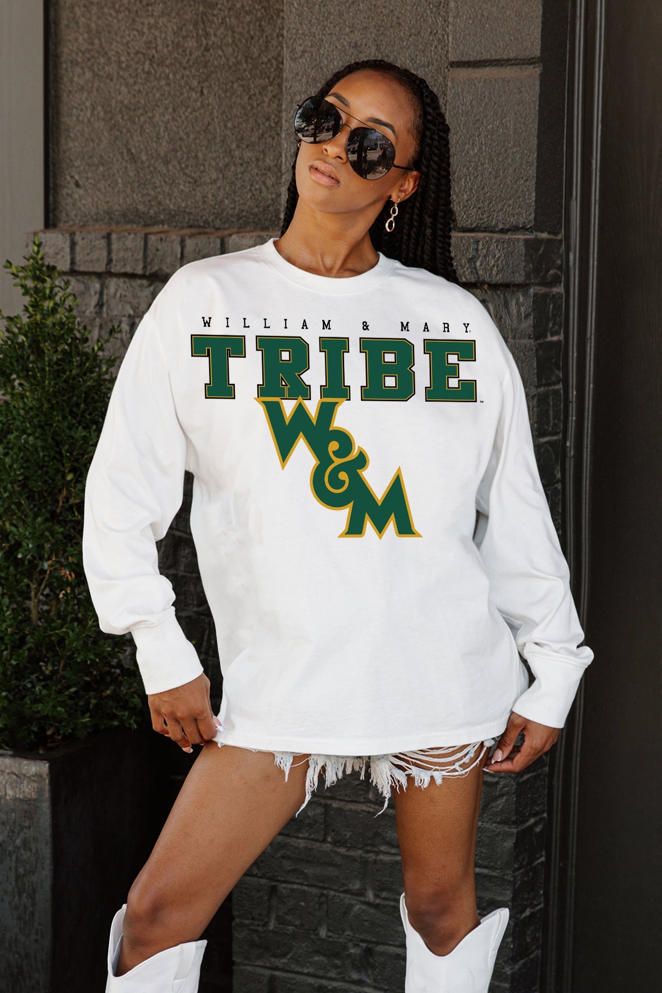 White William & Mary Tribe Big Goals Oversized Long Sleeve Tee - Oversized Fit Side Profile | Gameday Couture - SOHO