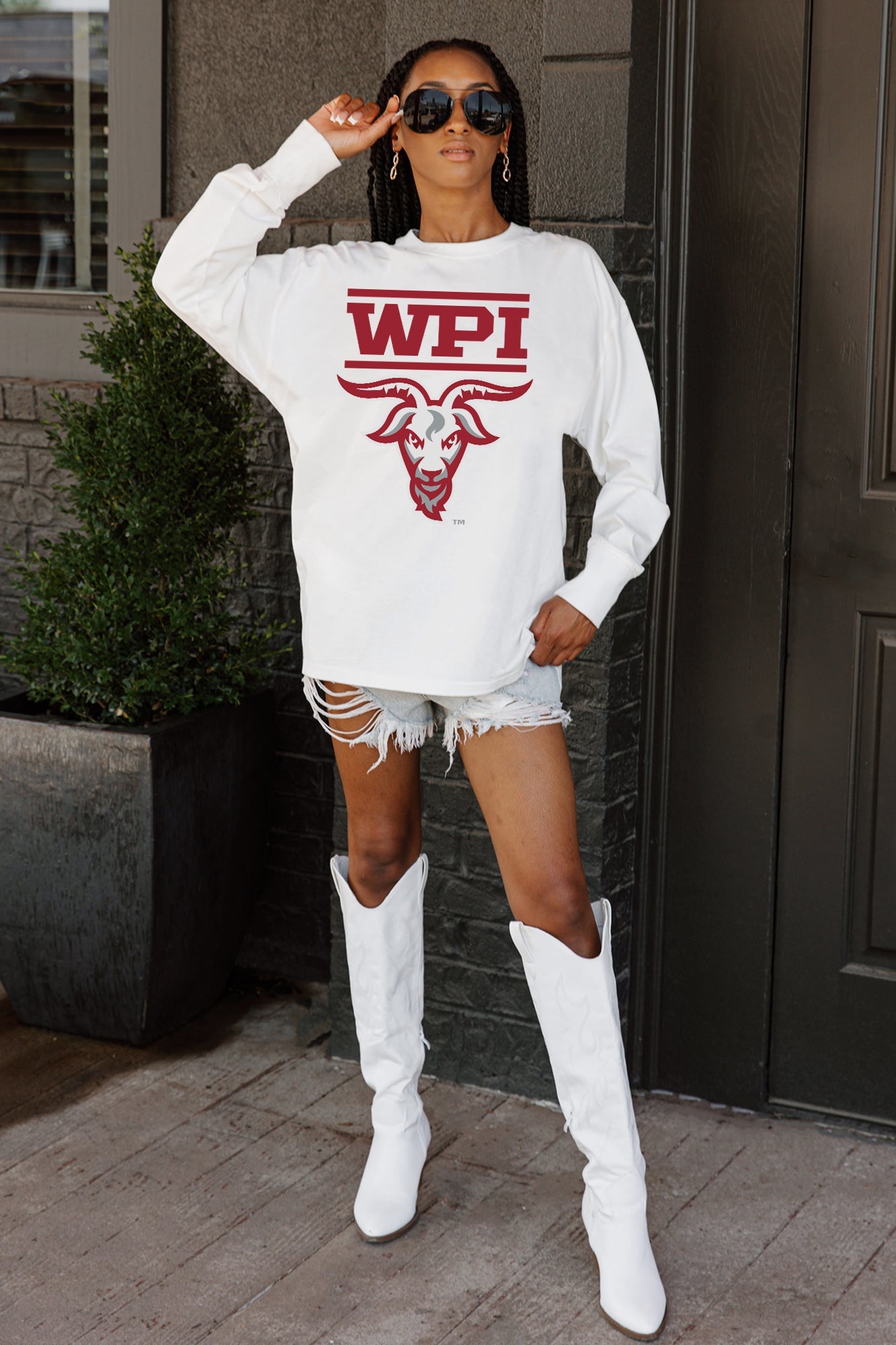 WORCESTER POLYTECHNIC INSTITUTE GOATS BIG GOALS OVERSIZED LONG SLEEVE TEE WITH RIBBED NECKLINE AND CUFFS